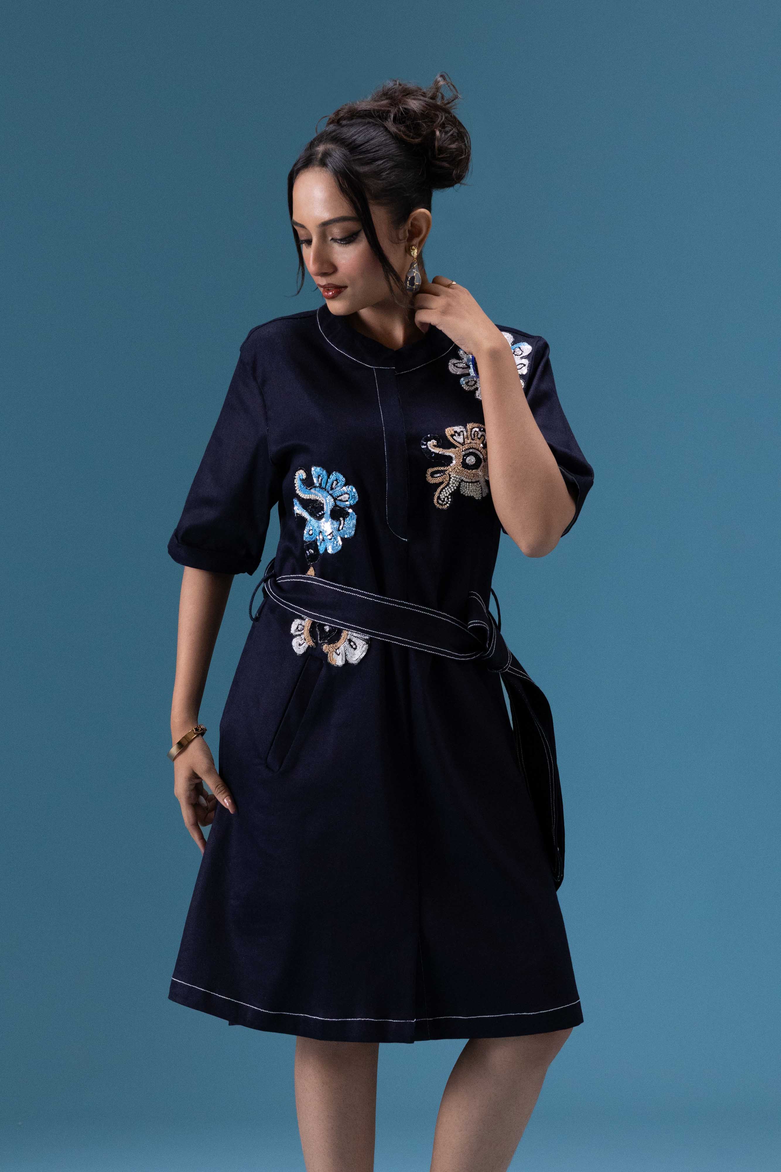 Navy Embroidered Short Dress