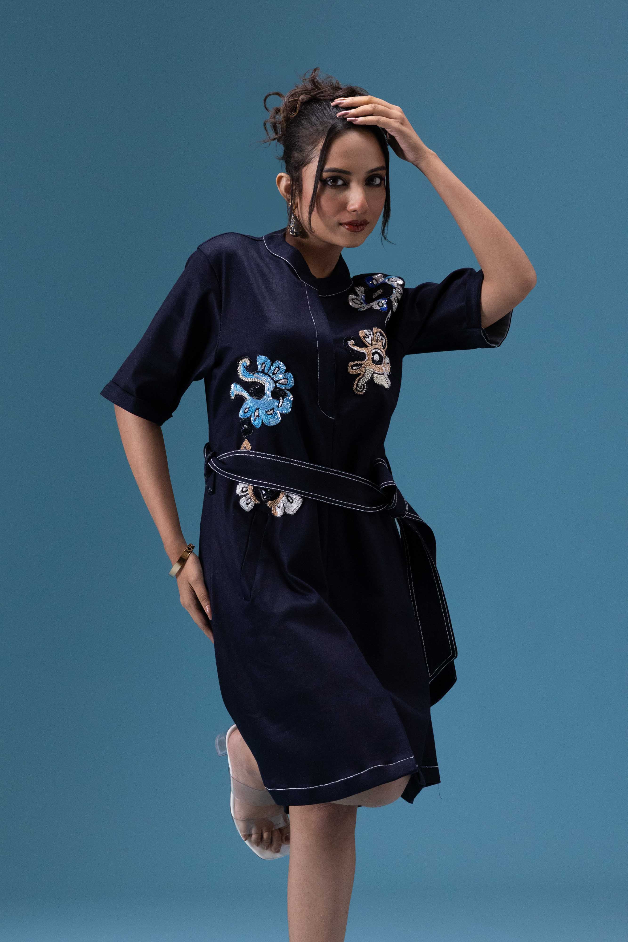 Navy Embroidered Short Dress