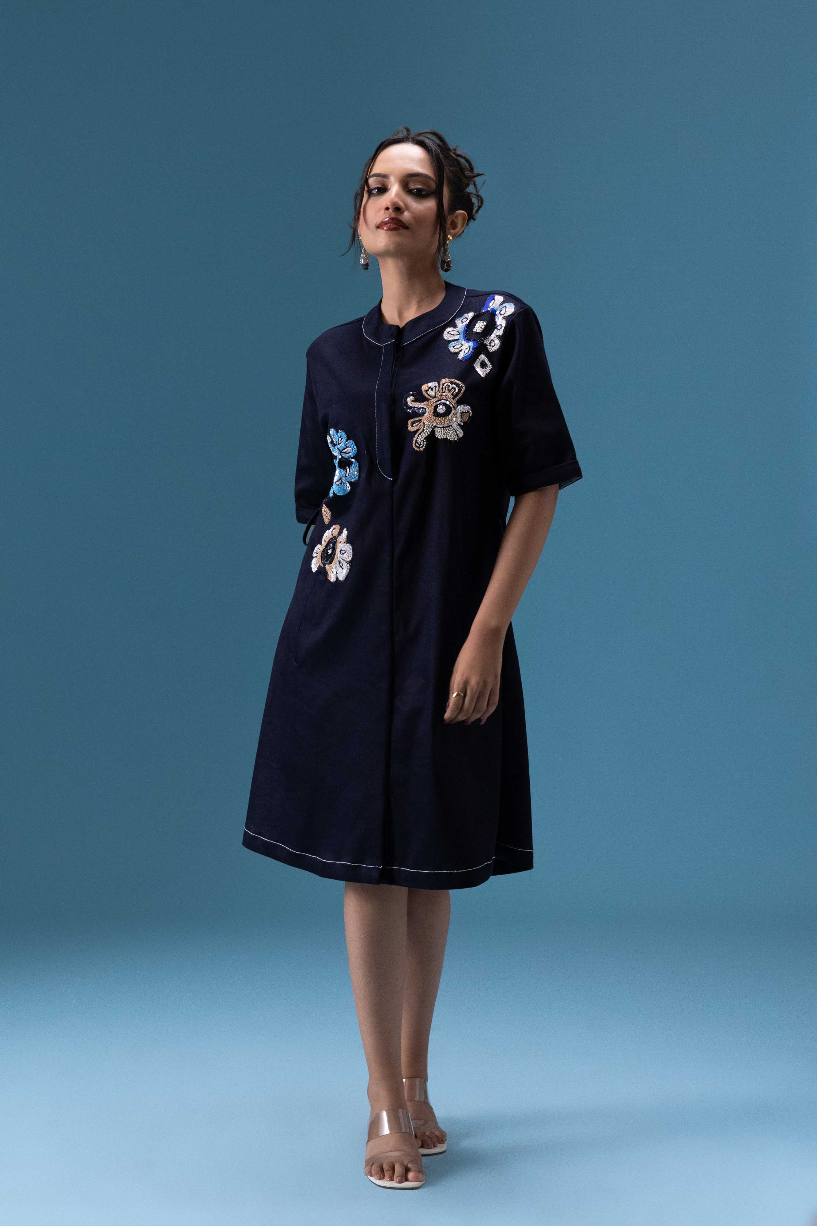 Navy Embroidered Short Dress