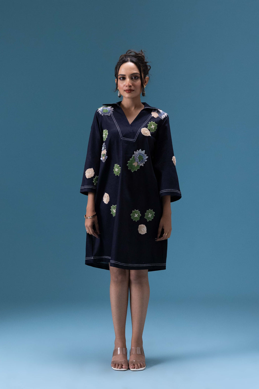Navy Denim Appliqué Dress