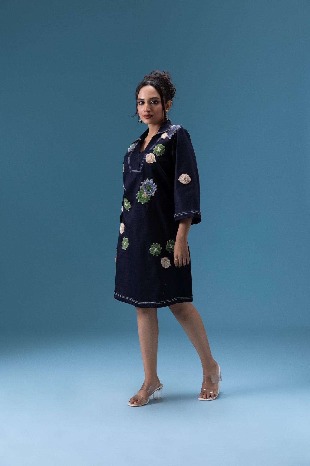 Navy Denim Appliqué Dress
