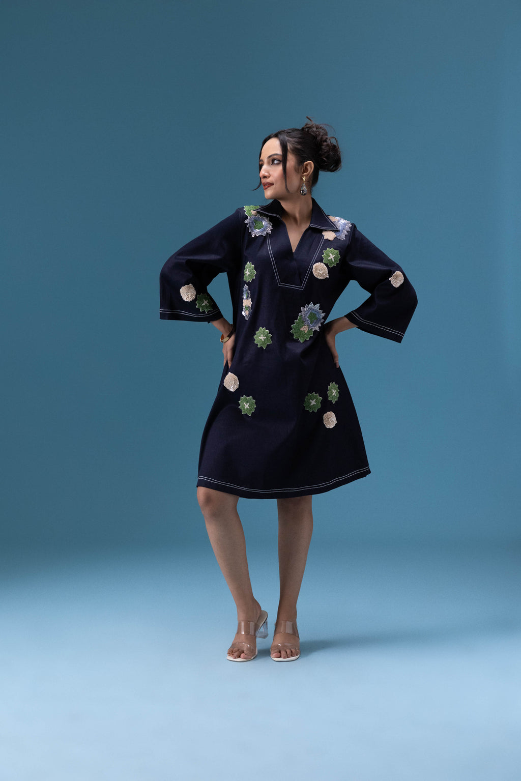 Navy Denim Appliqué Dress
