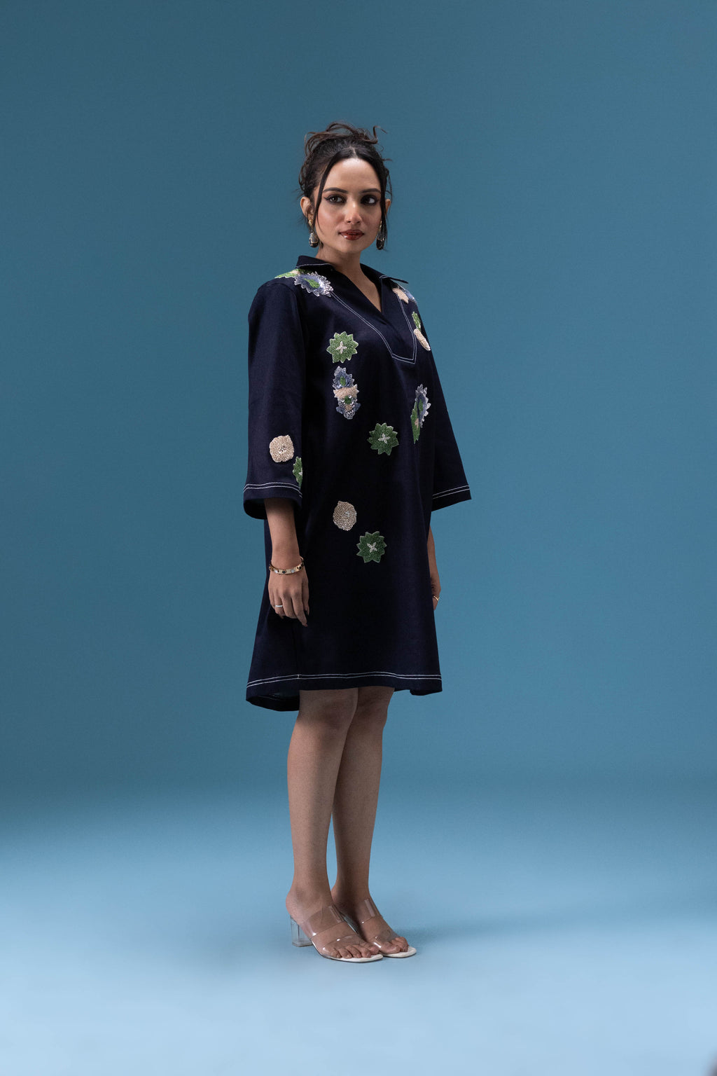 Navy Denim Appliqué Dress