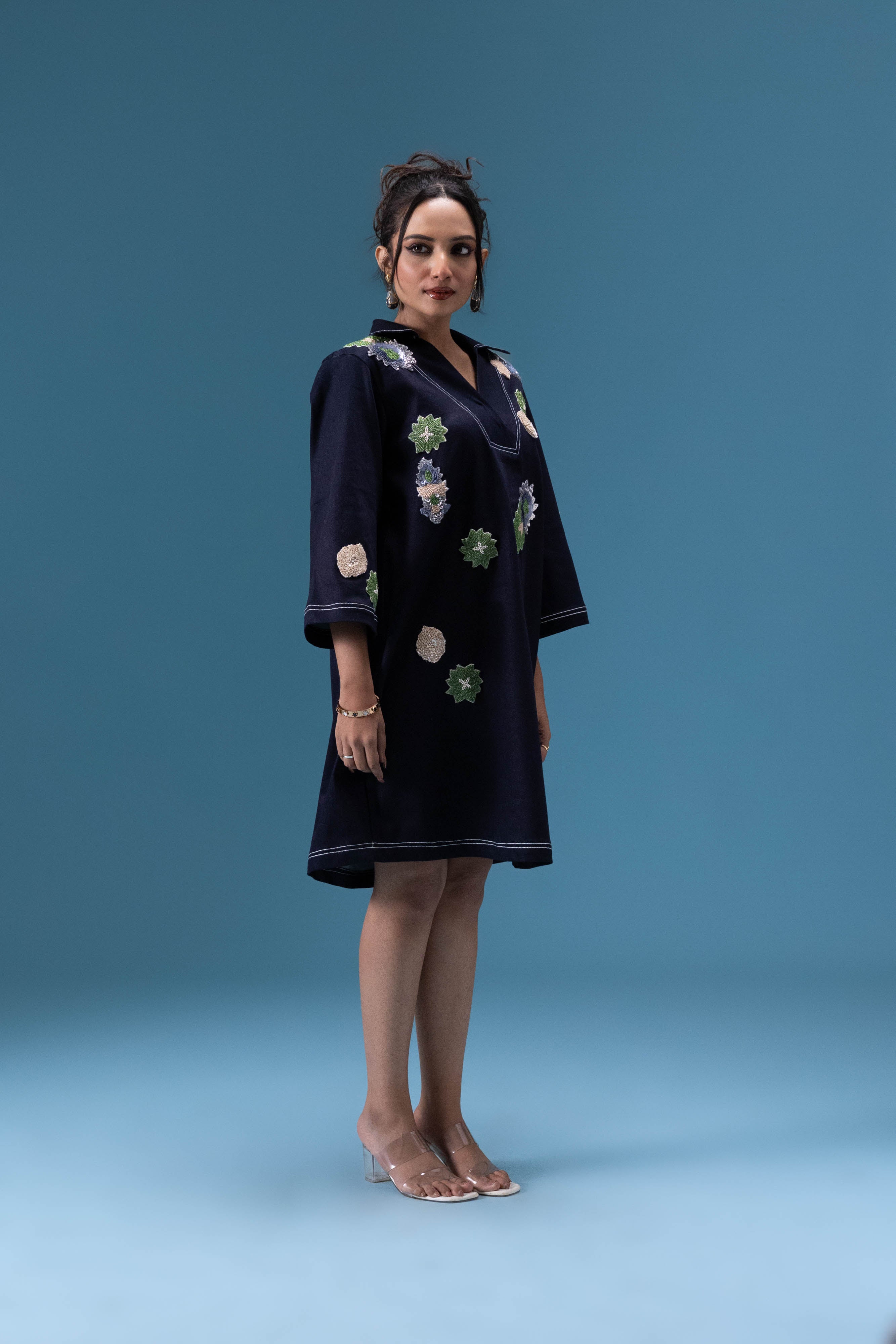Navy Denim Appliqué Dress