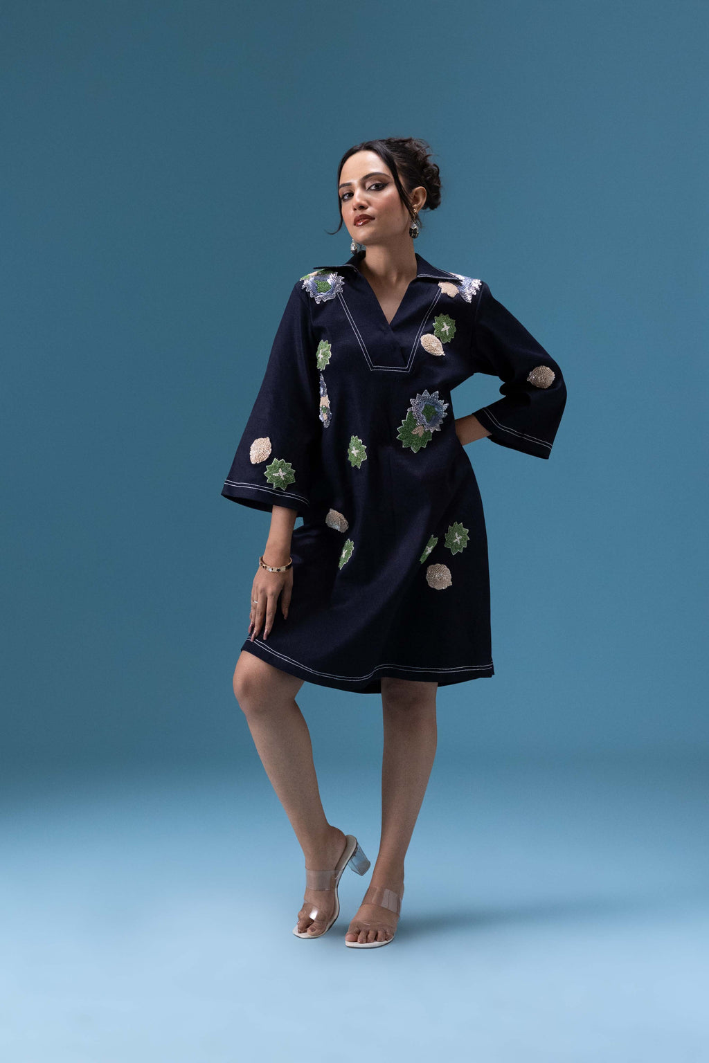 Navy Denim Appliqué Dress
