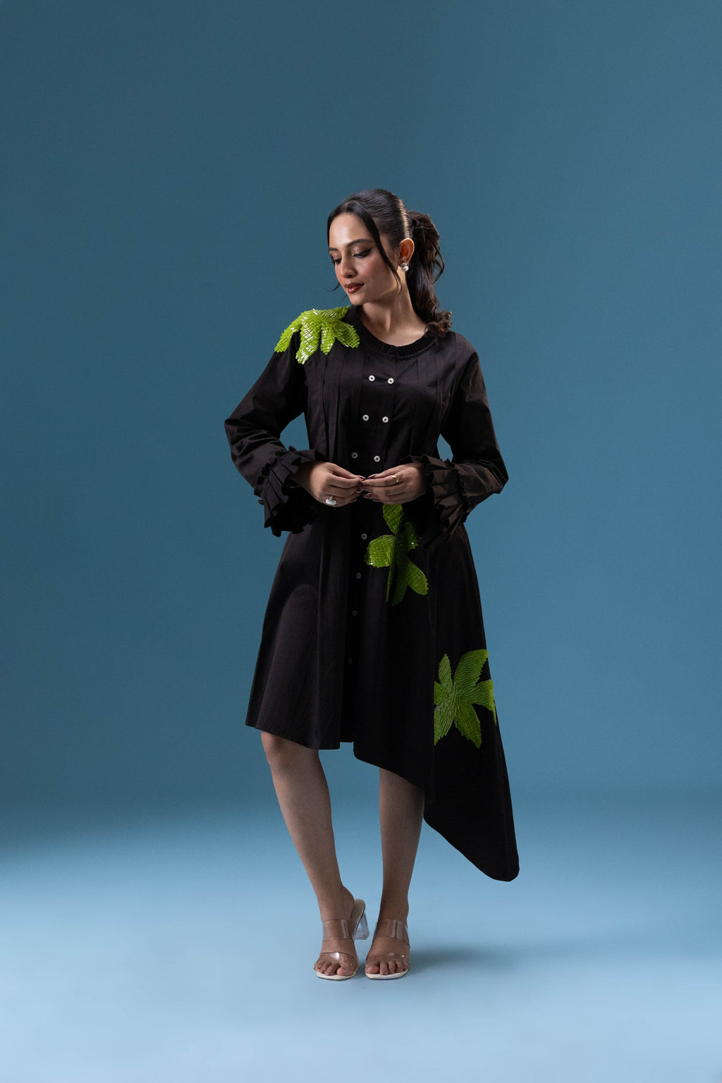 Black Leaf Embellished Midi Dress