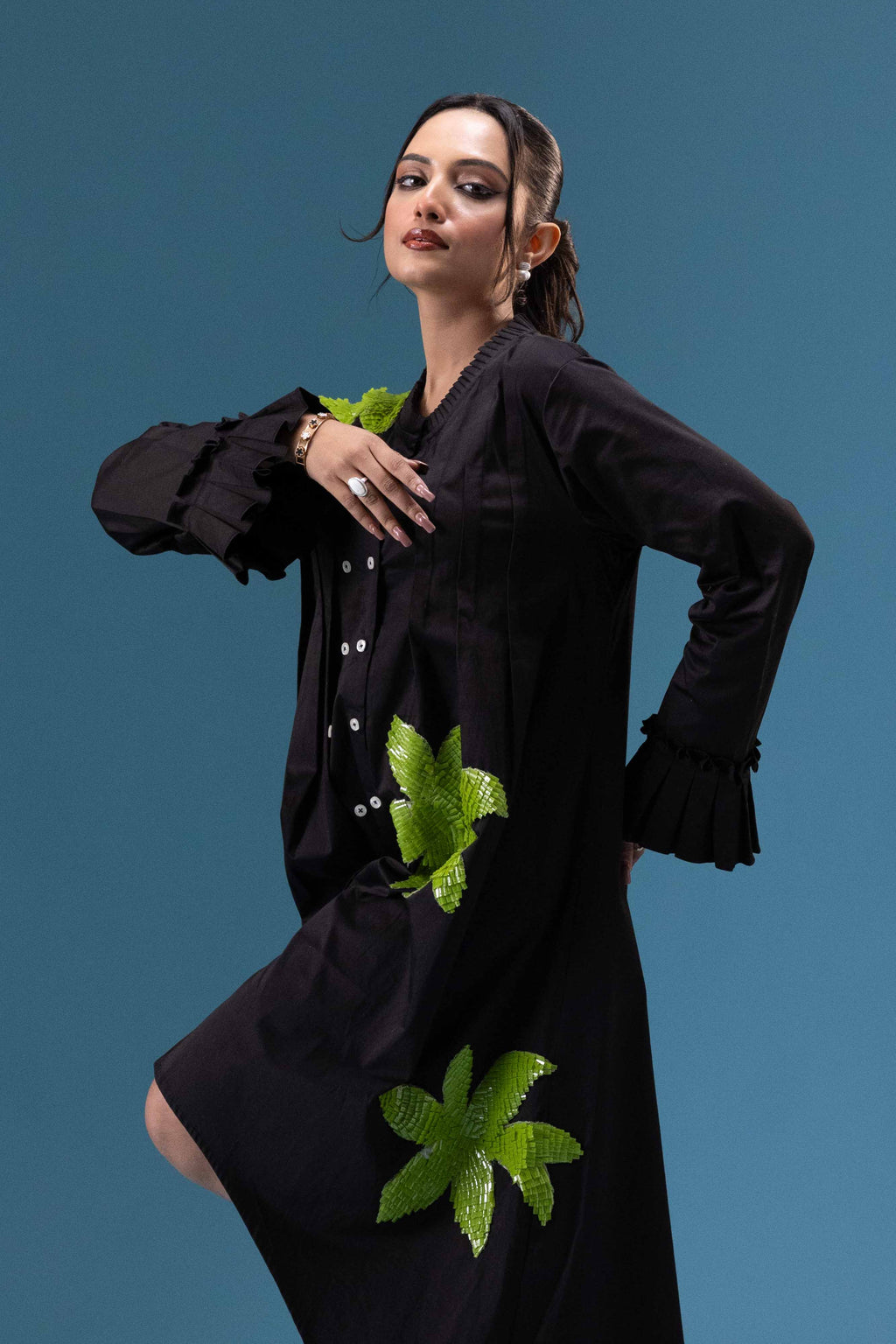Black Leaf Embellished Midi Dress