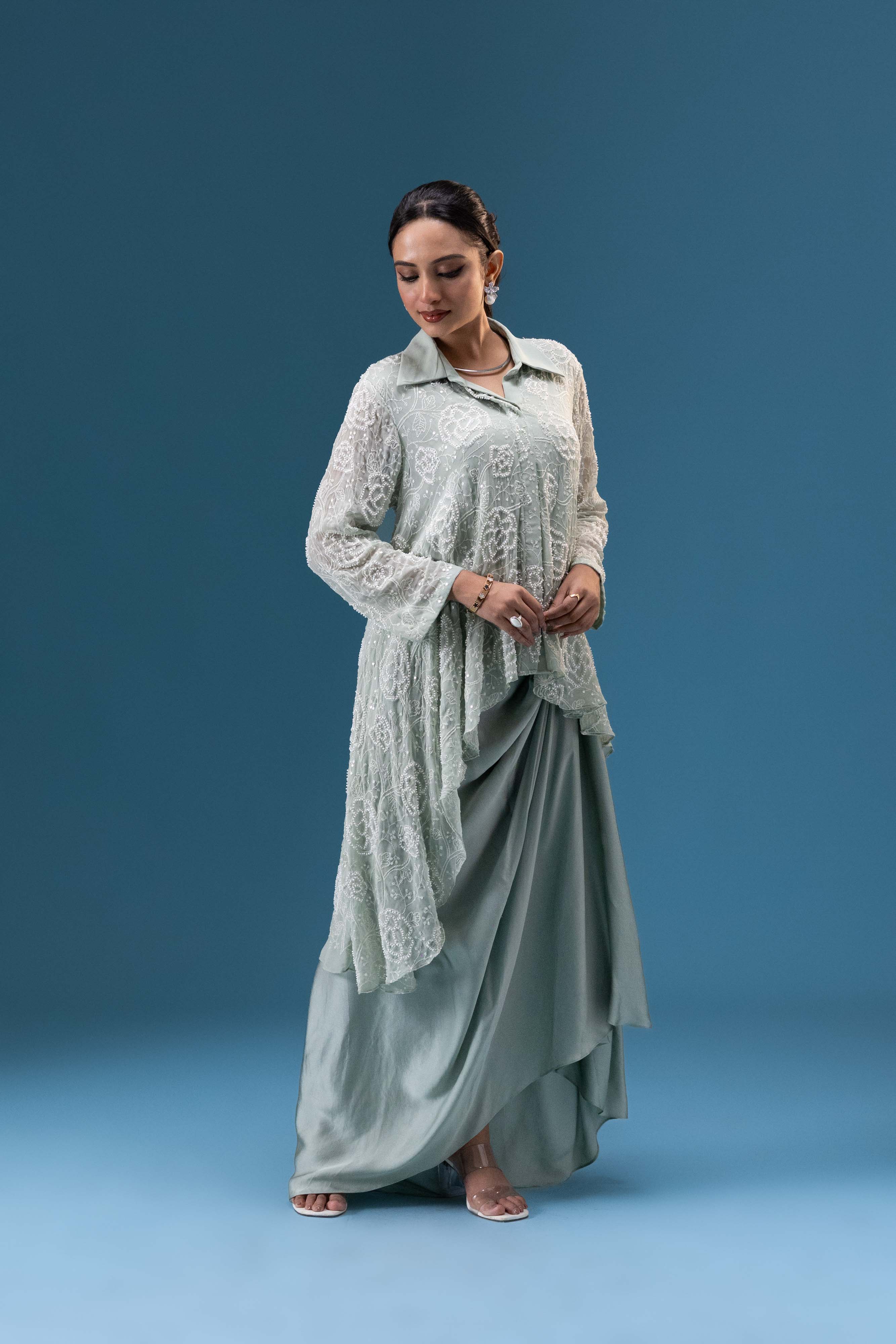 Sage Mist Drape Skirt Set