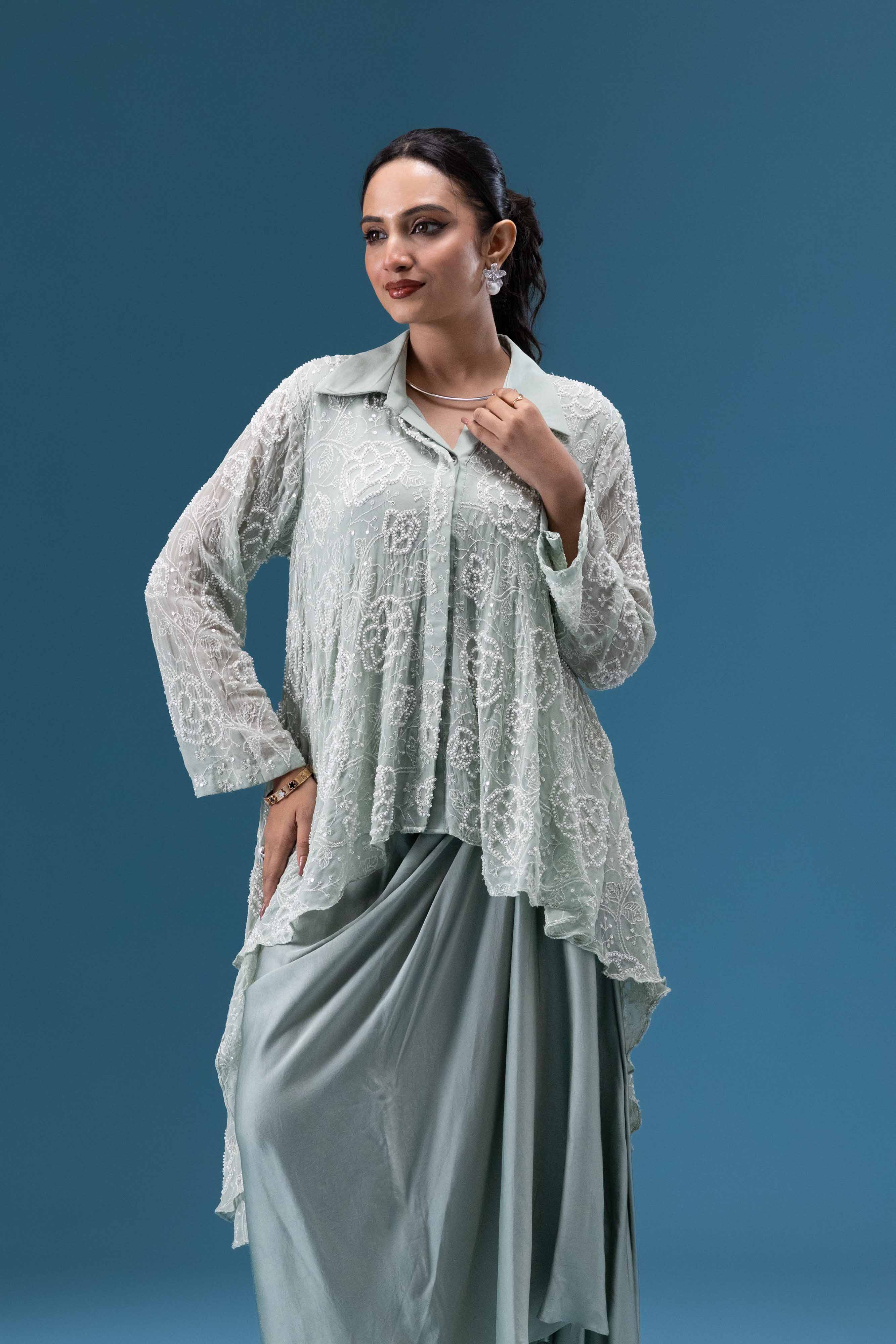 Sage Mist Drape Skirt Set