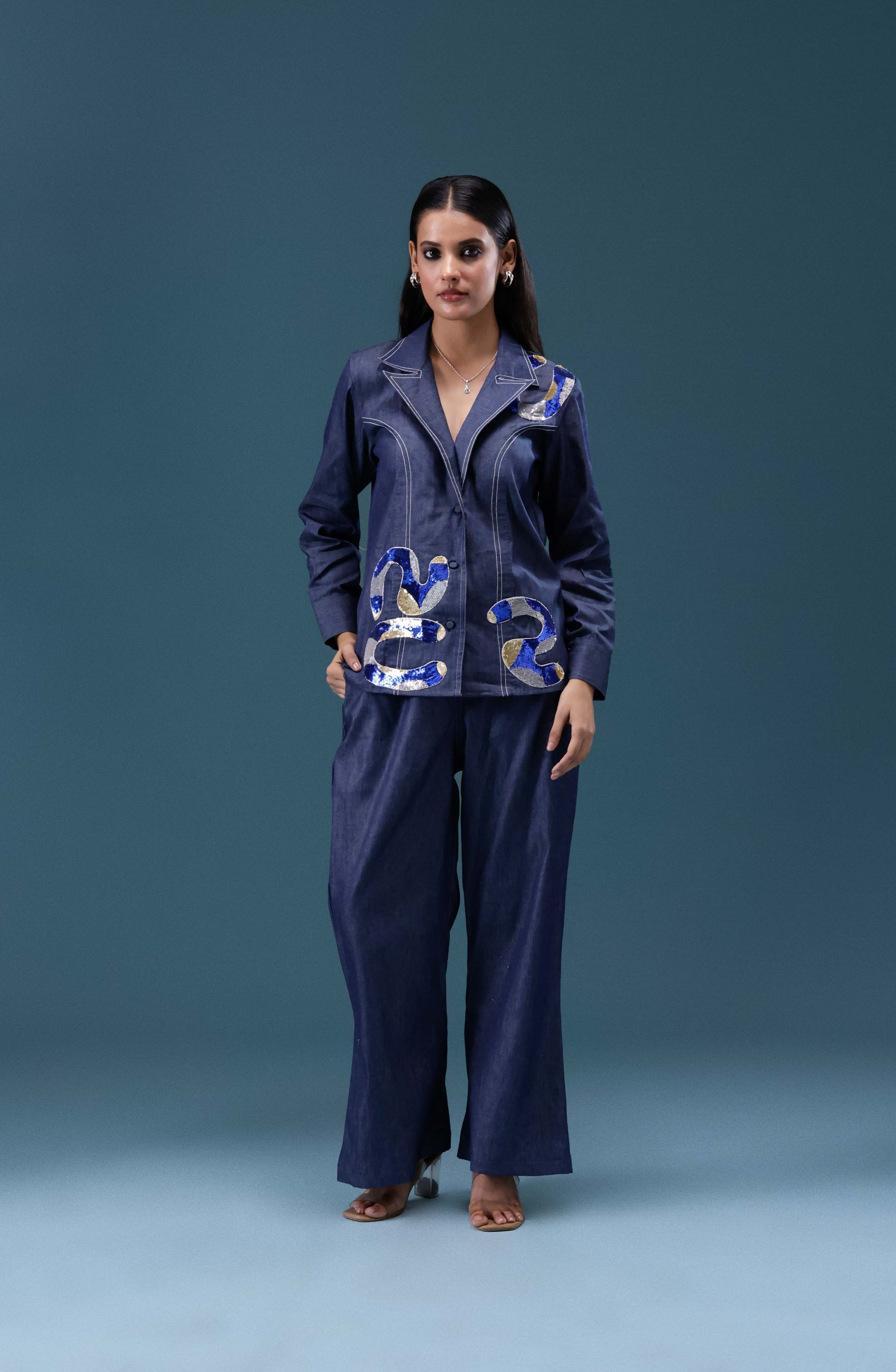 Navy Denim Embellished Co-ord Set