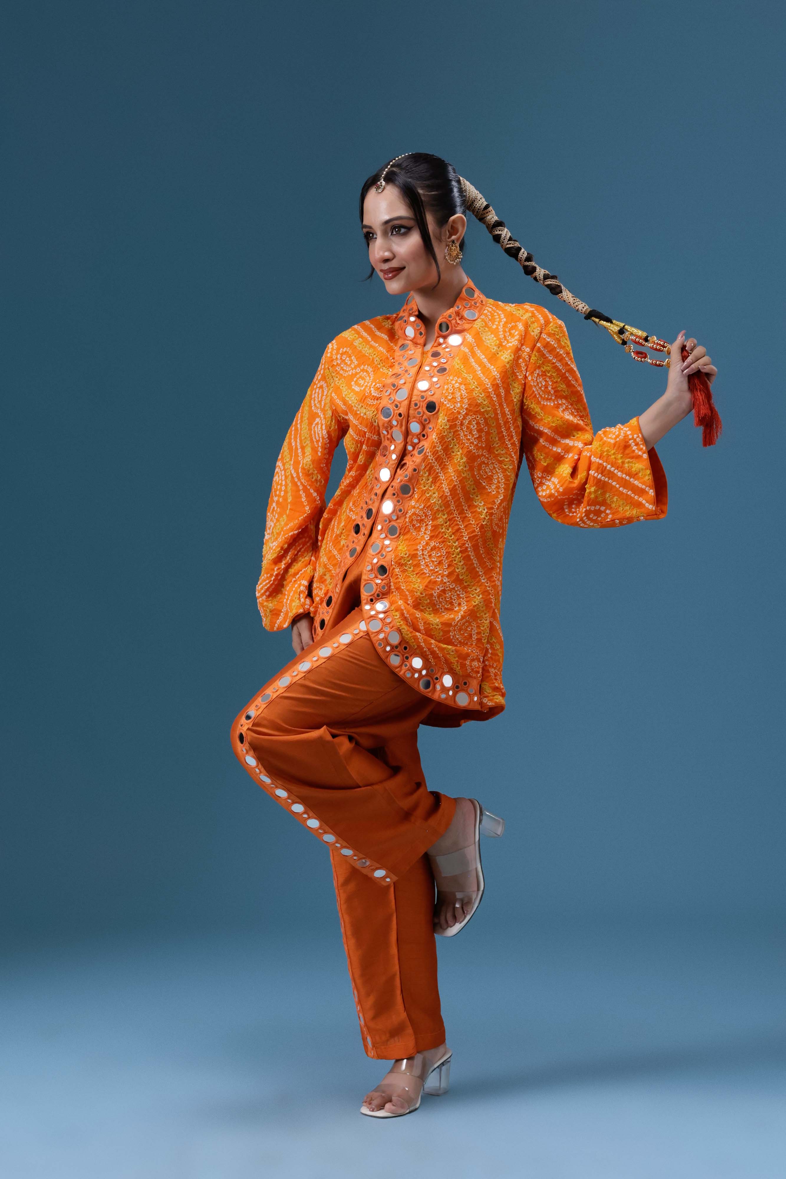 Abeer Orange Bandhani Mirror Work Co-ord Set
