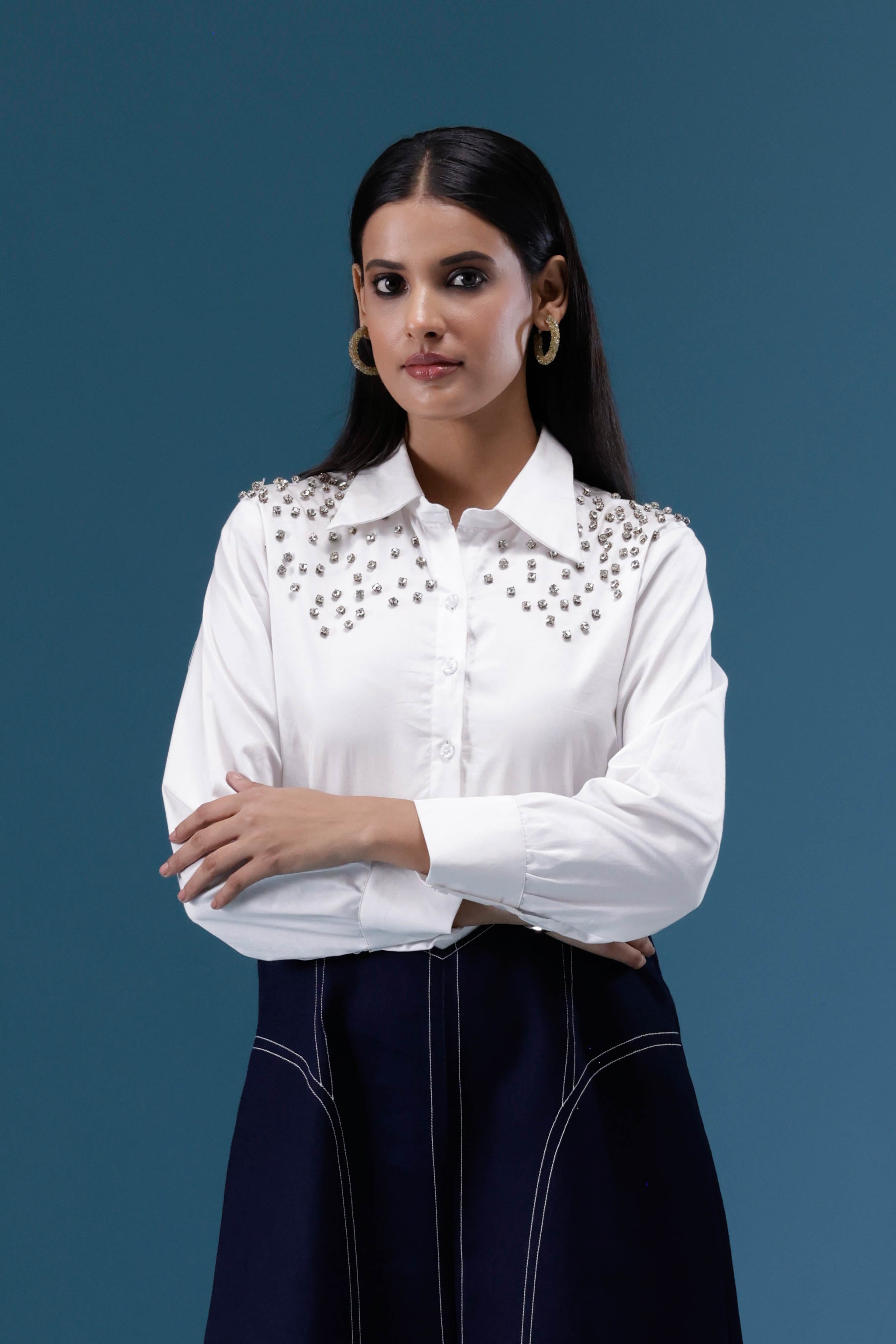 White & Navy Embellished Midi Dress