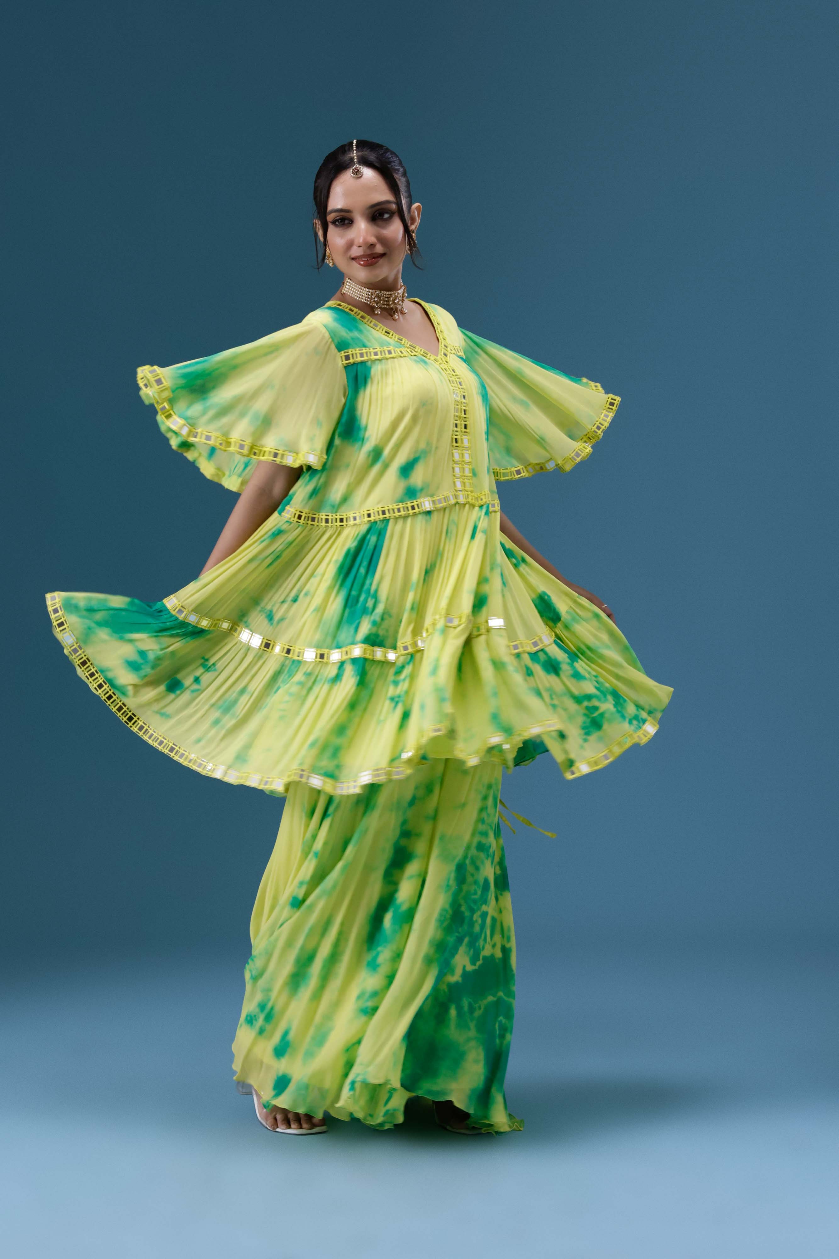 Rangrez Lime Tie-Dye Tiered Set