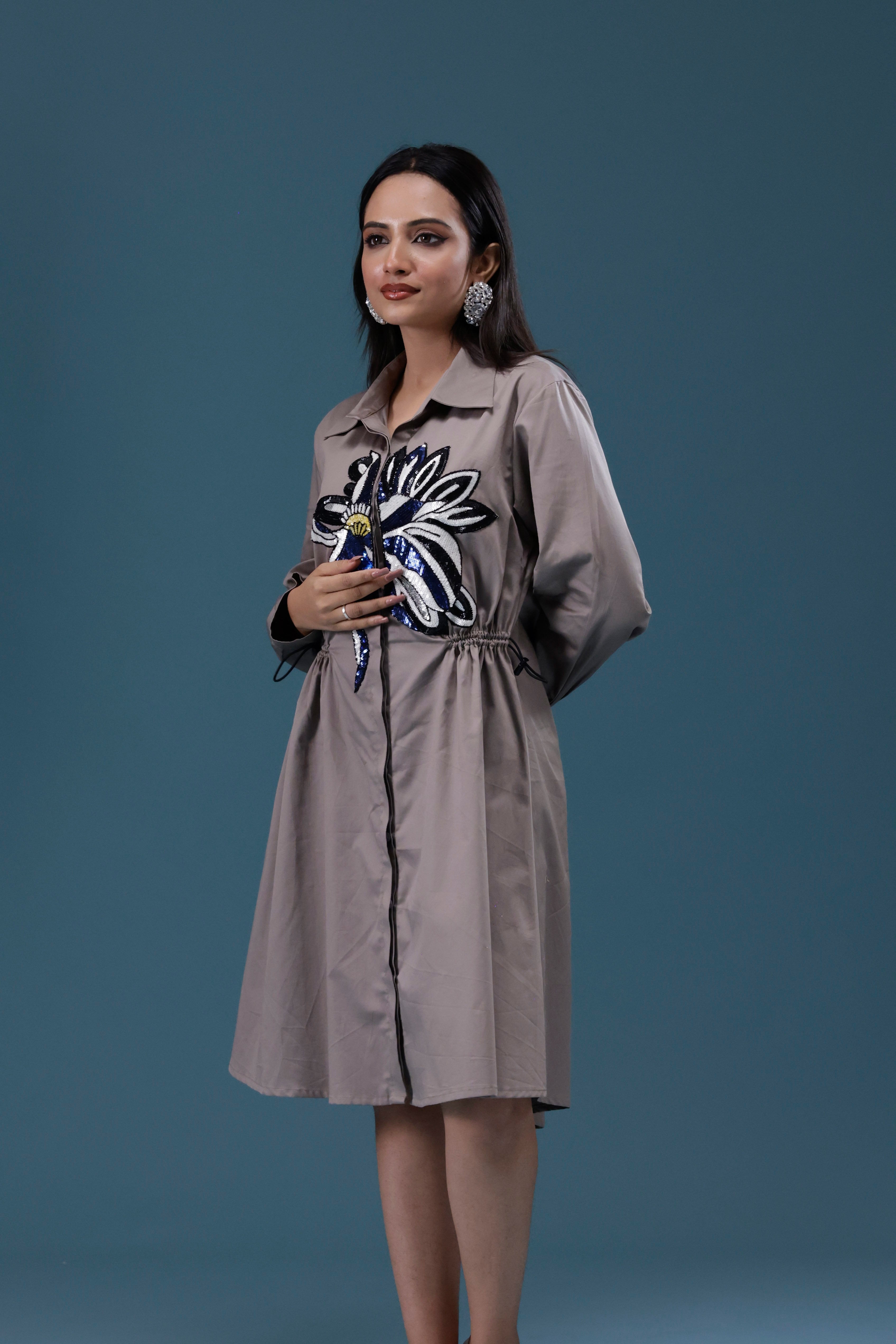 Grey Big Sequin Patch Shirt Dress