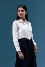 White & Navy Embellished Midi Dress