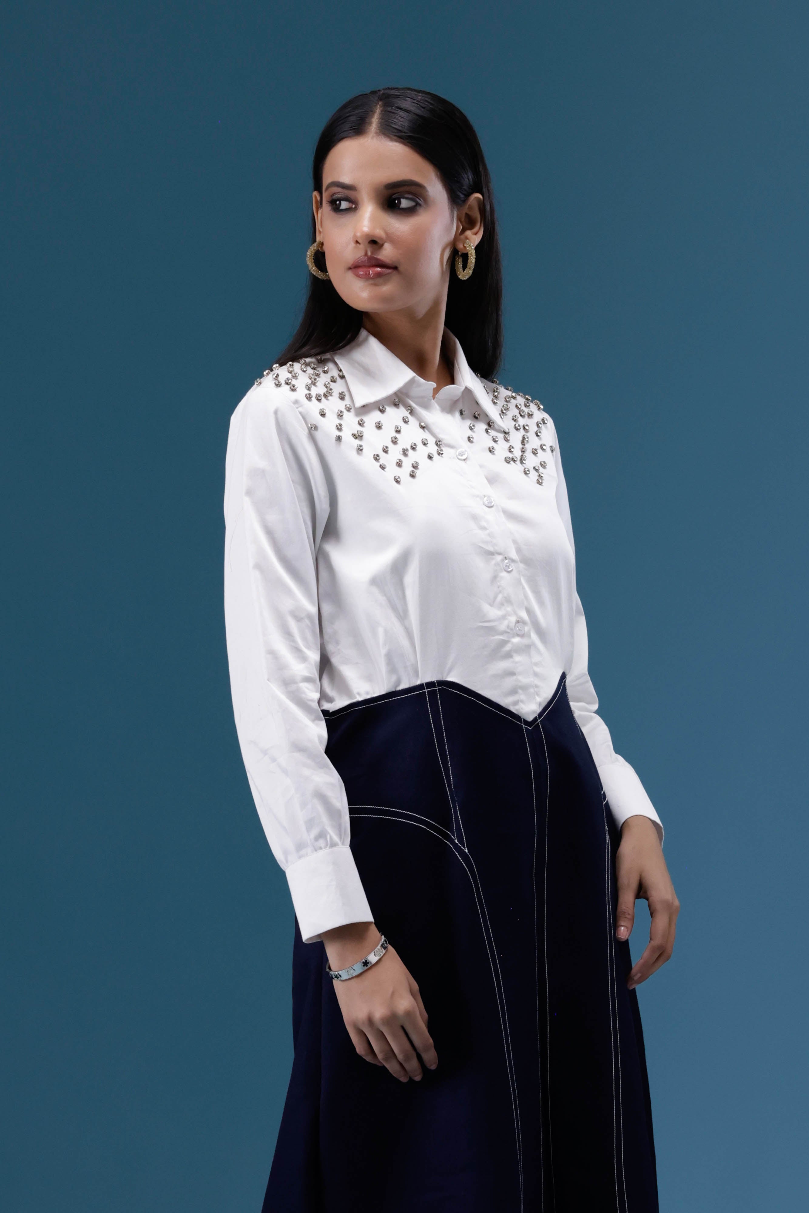 White & Navy Embellished Midi Dress