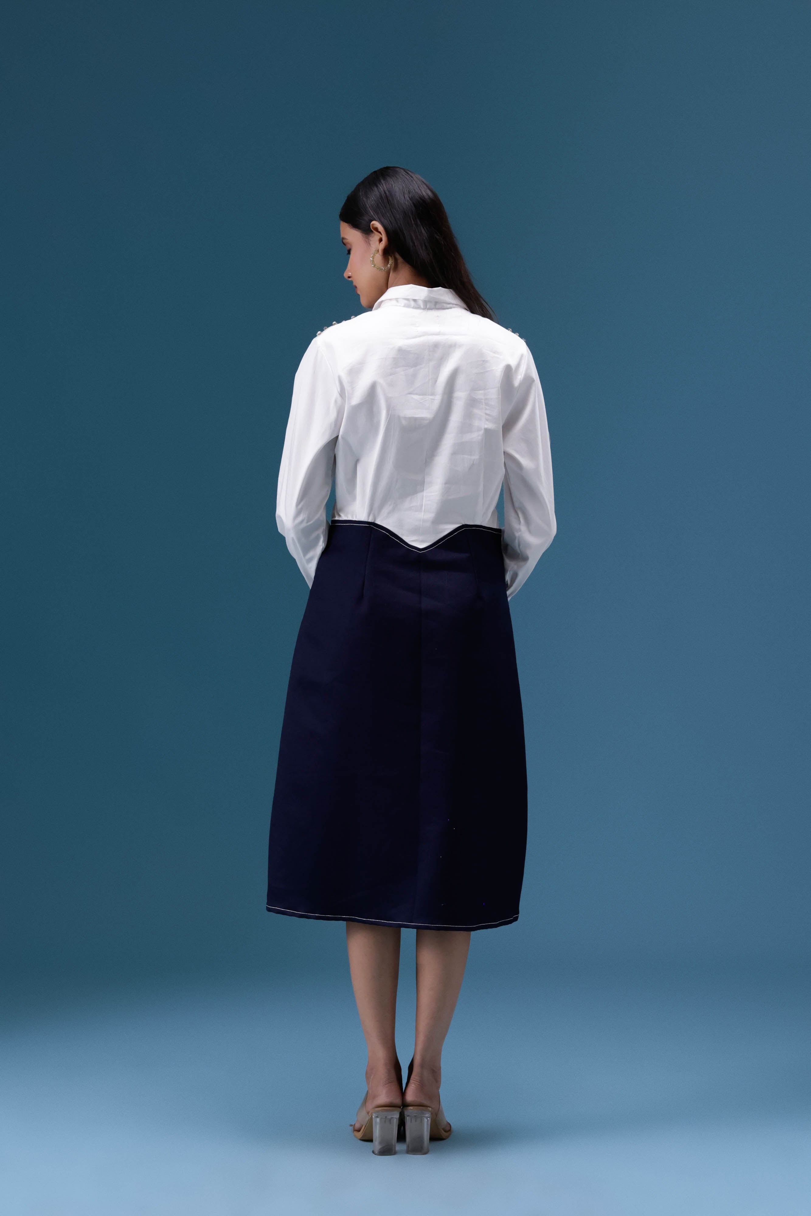 White & Navy Embellished Midi Dress