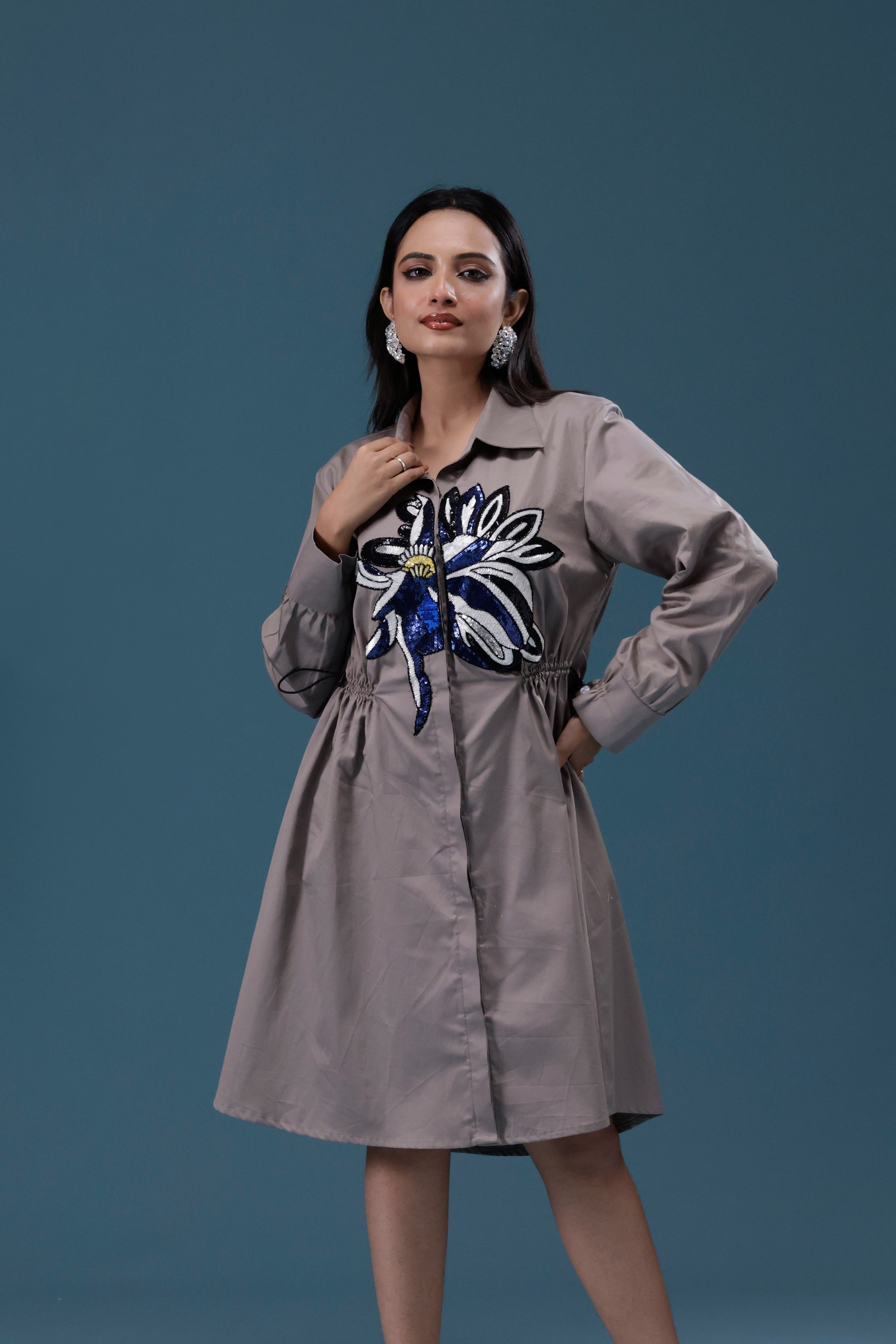 Grey Big Sequin Patch Shirt Dress