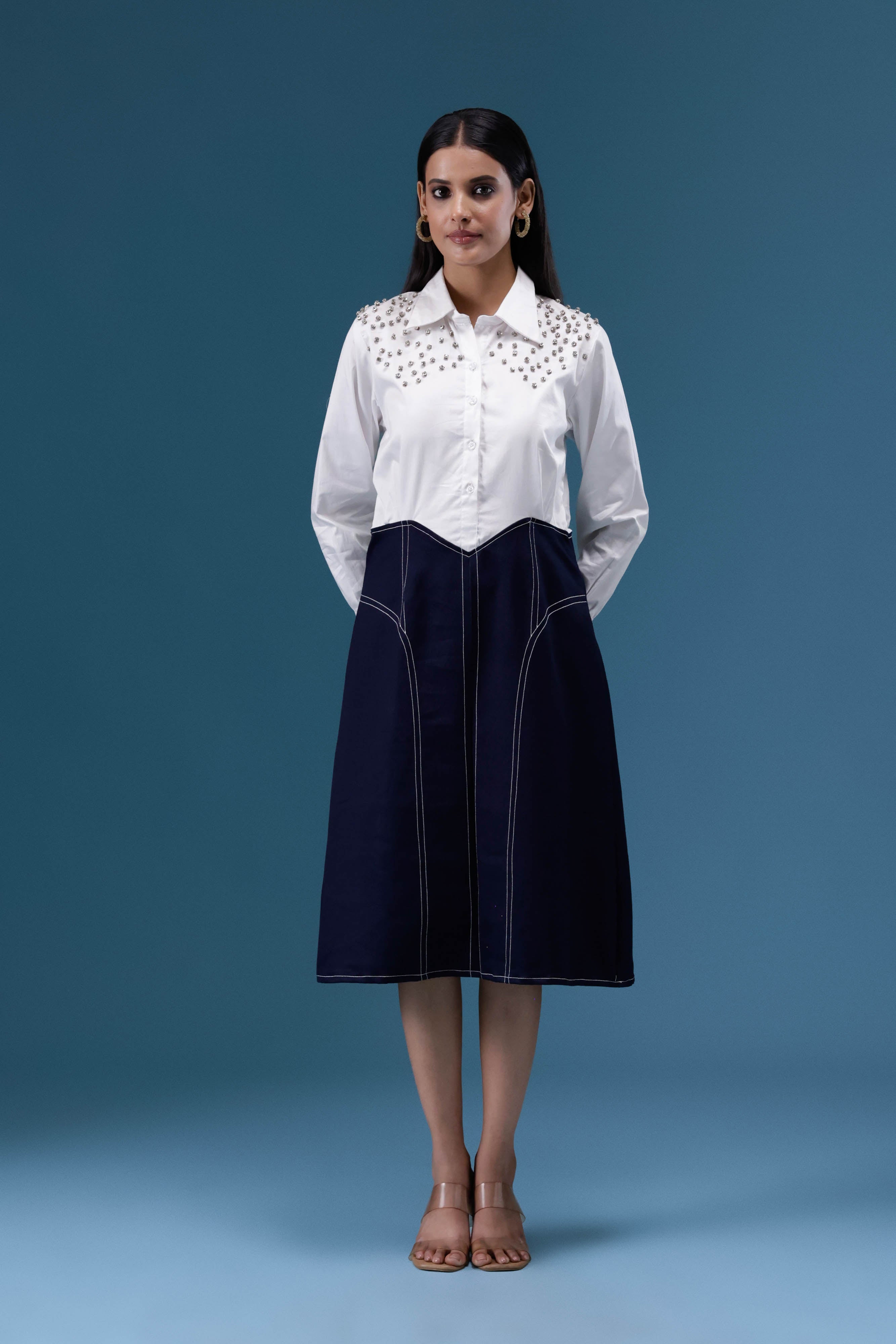 White & Navy Embellished Midi Dress