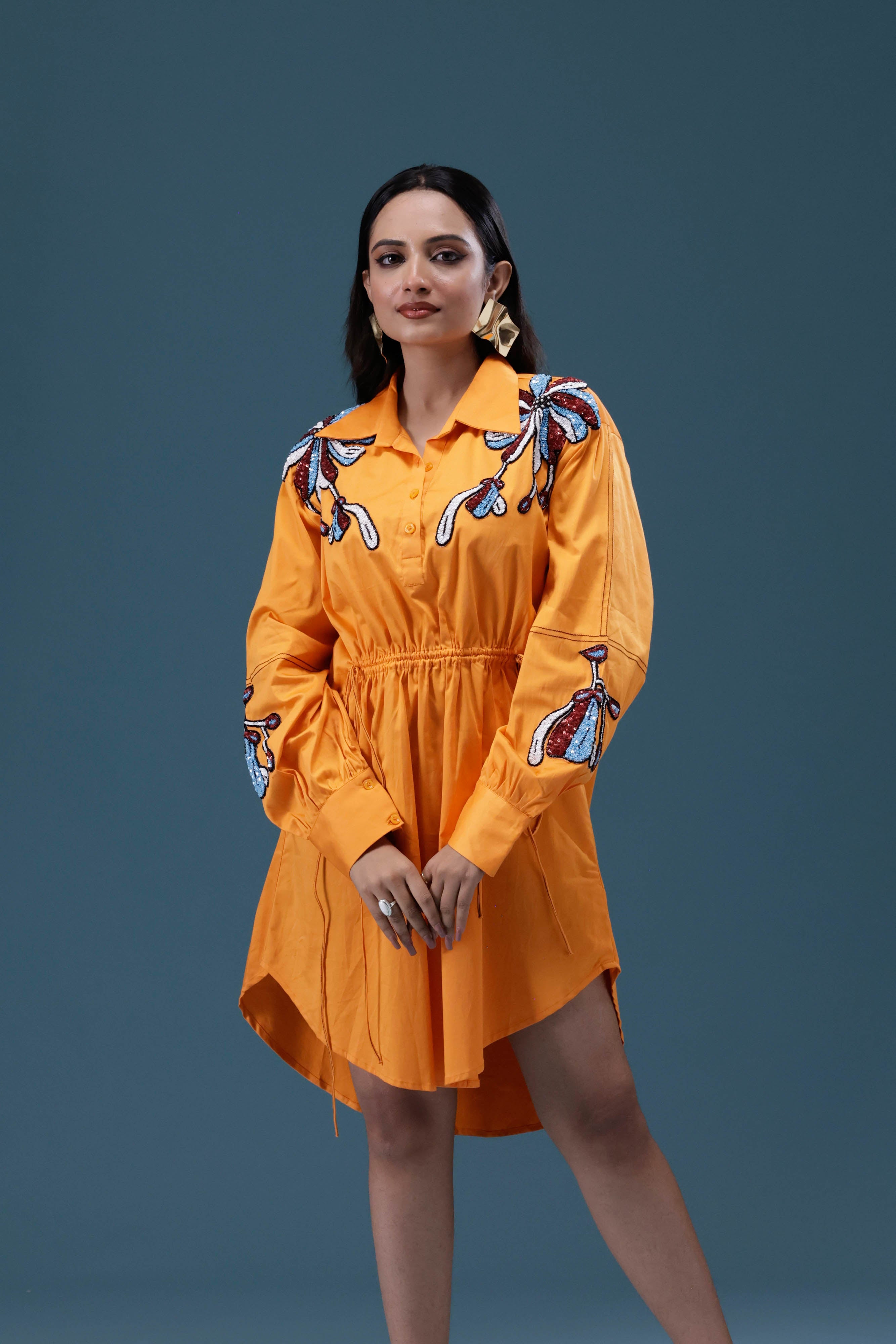 Orange Embroidered Shirt Dress