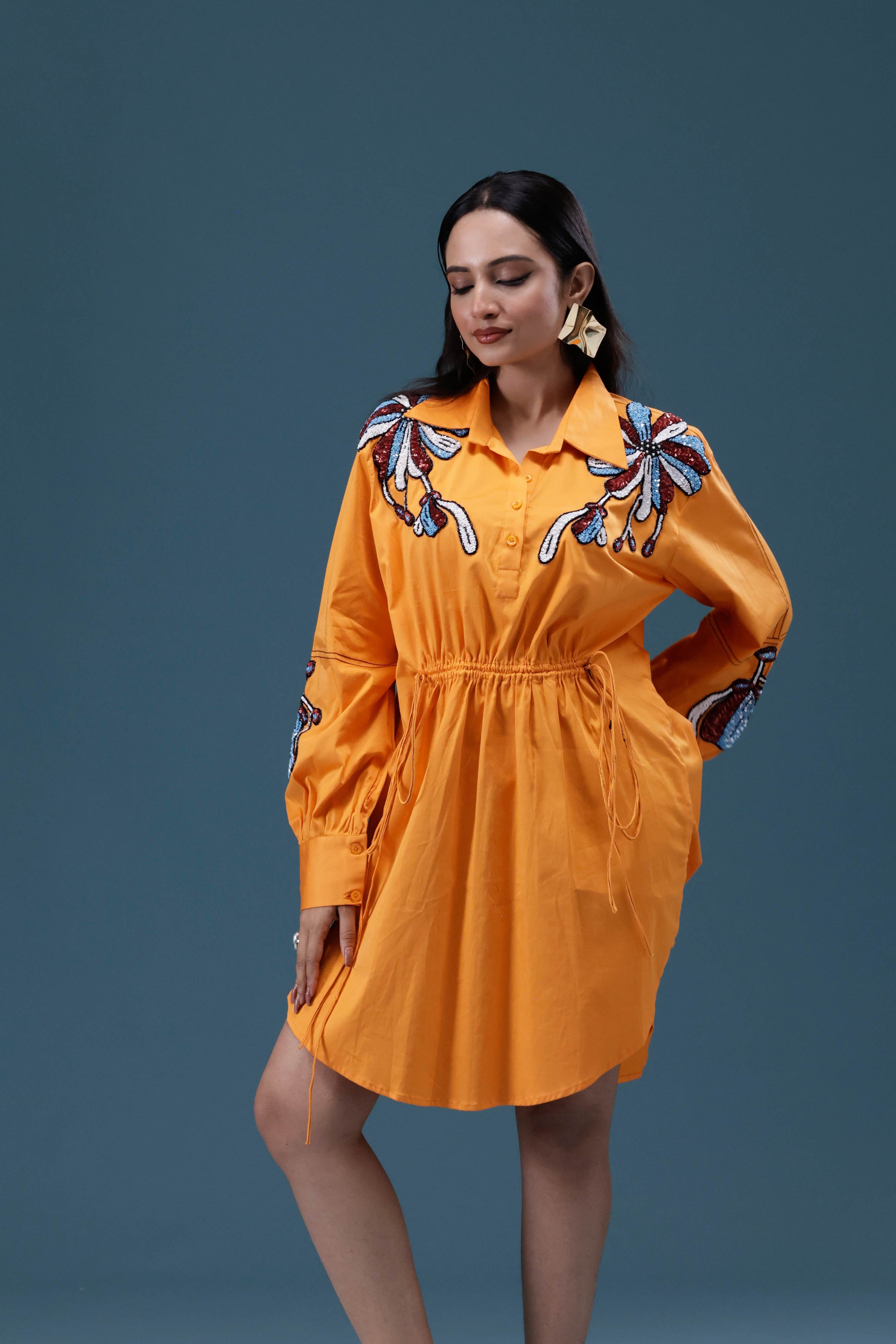Orange Embroidered Shirt Dress