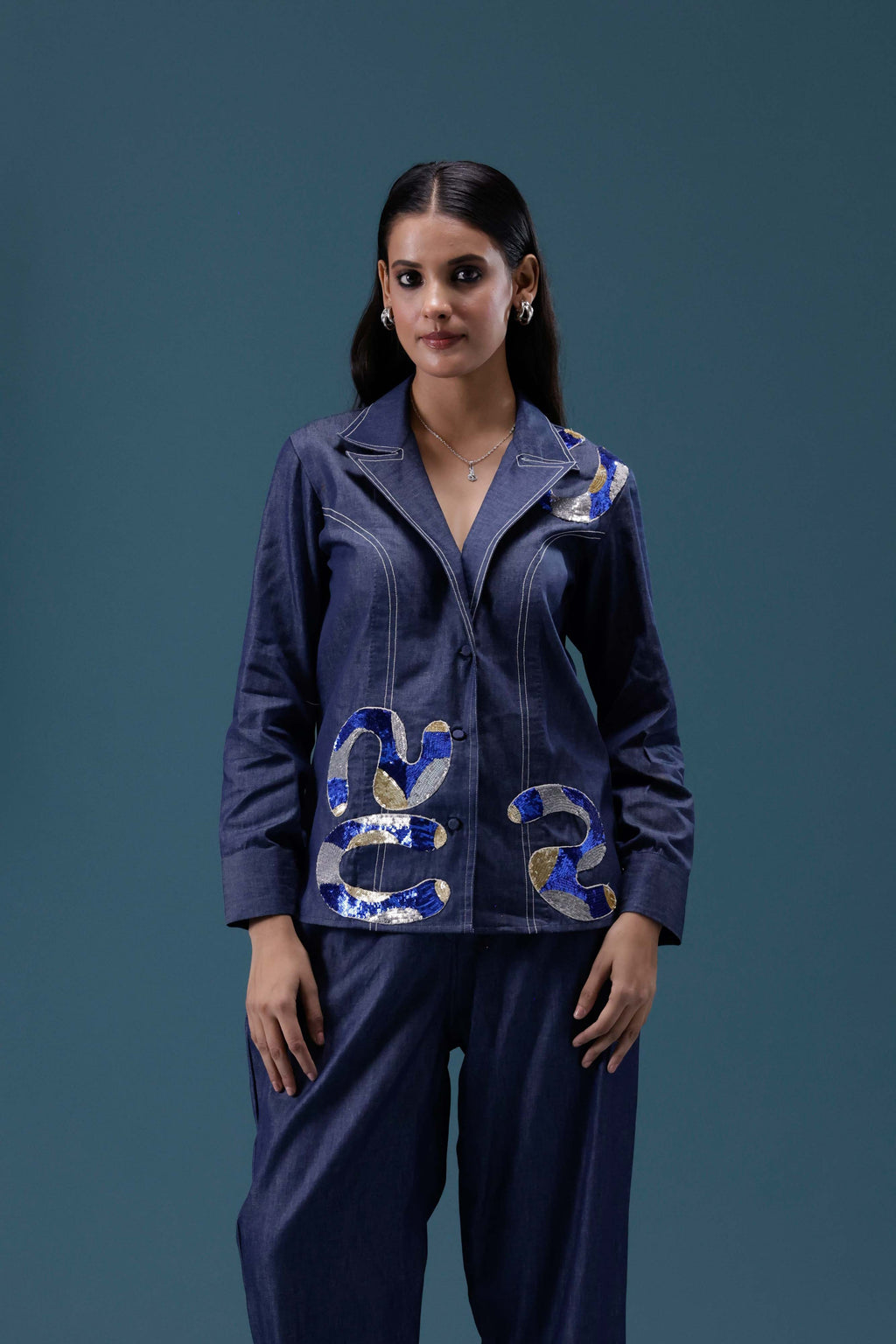Navy Denim Embellished Co-ord Set