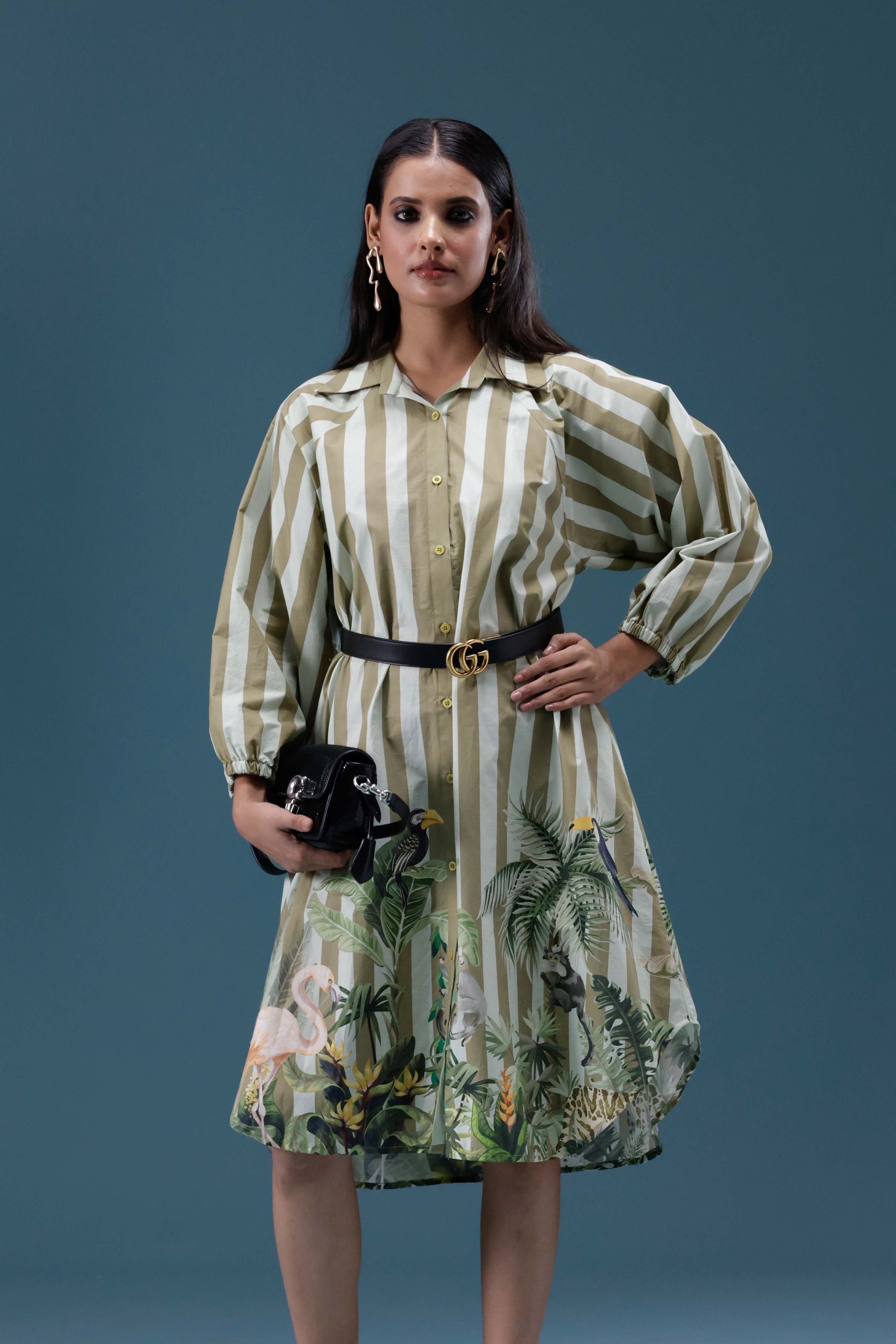 Green Stripe Printed Shirt Dress