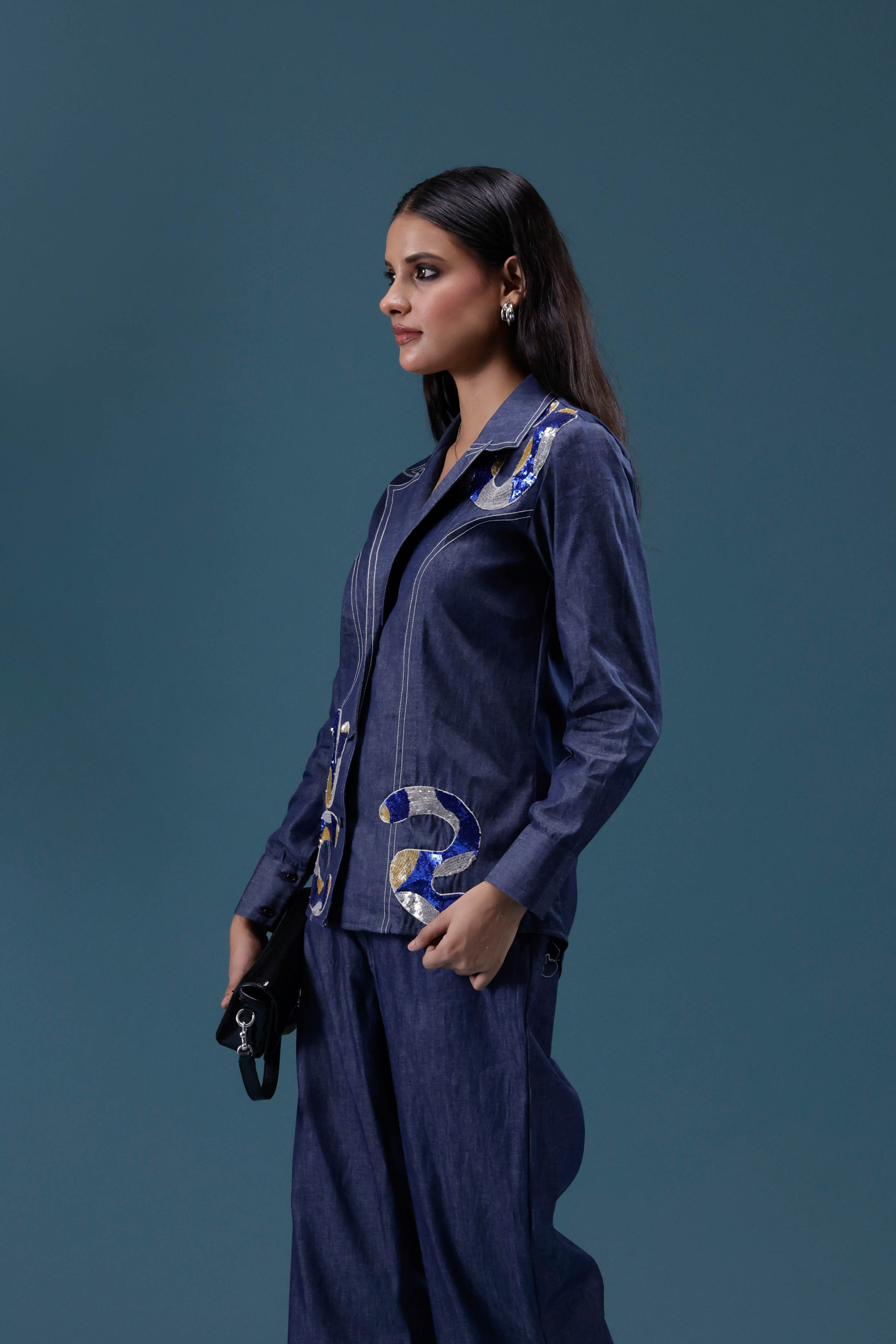 Navy Denim Embellished Co-ord Set