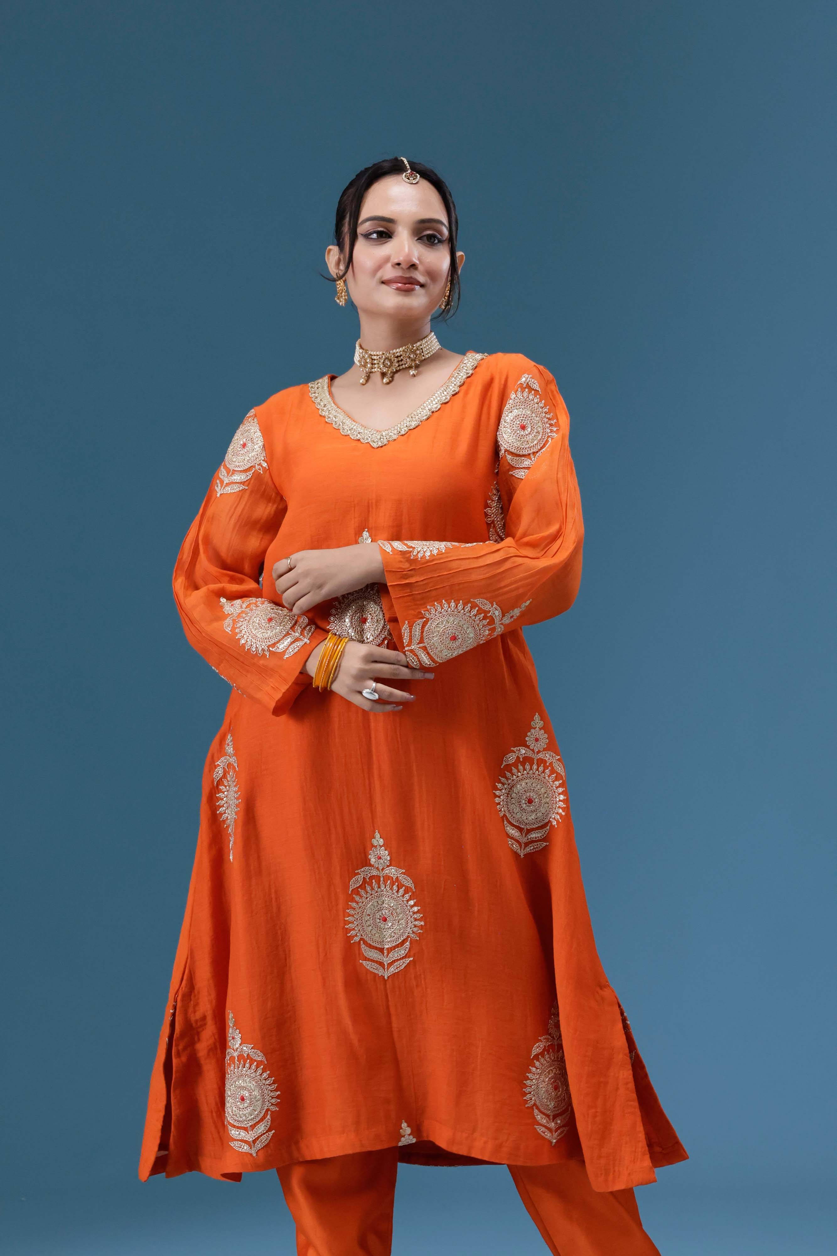 Surkh Orange Embroidered Kurta Set