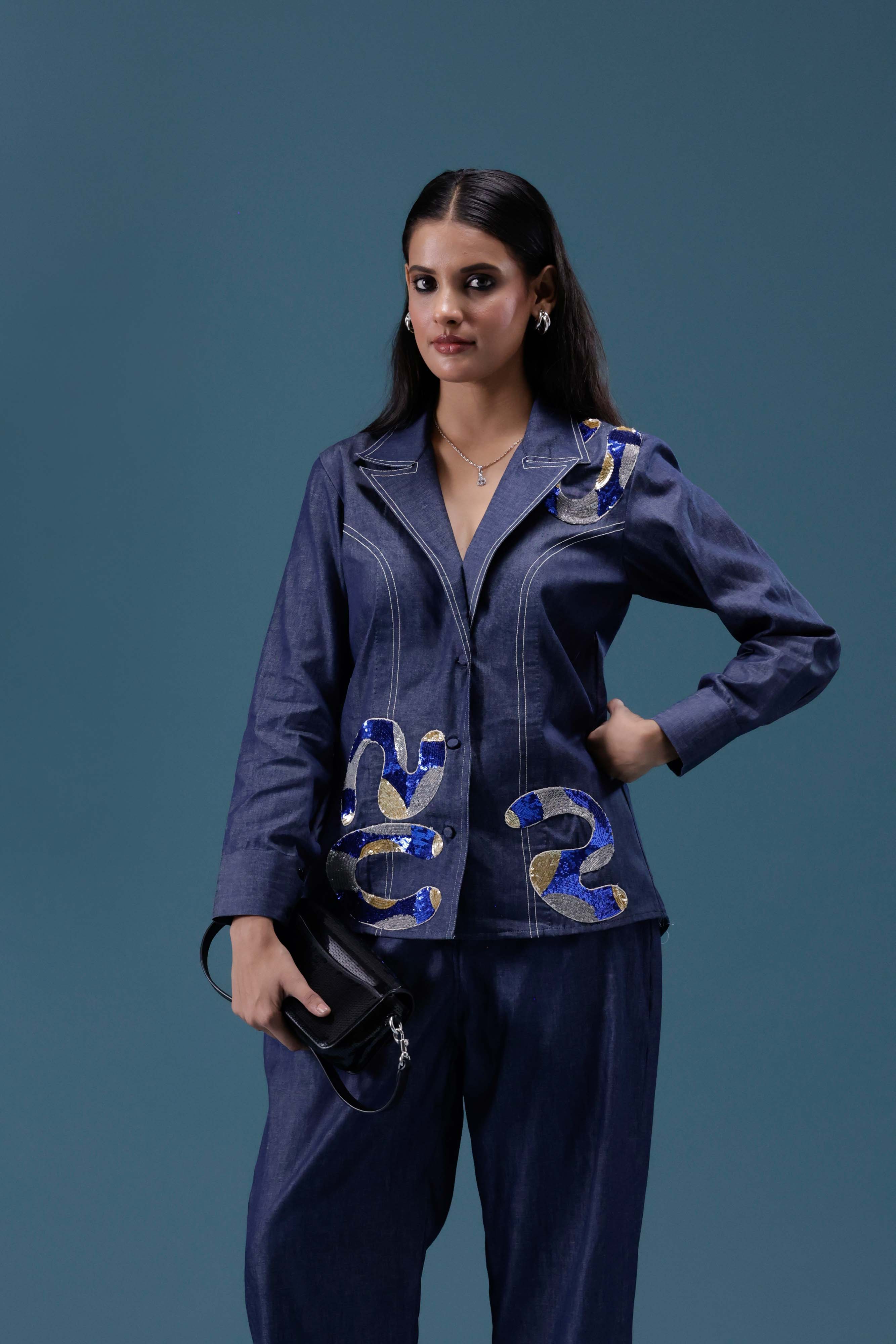 Navy Denim Embellished Co-ord Set