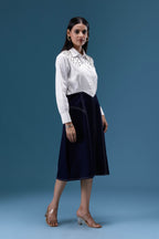 White & Navy Embellished Midi Dress