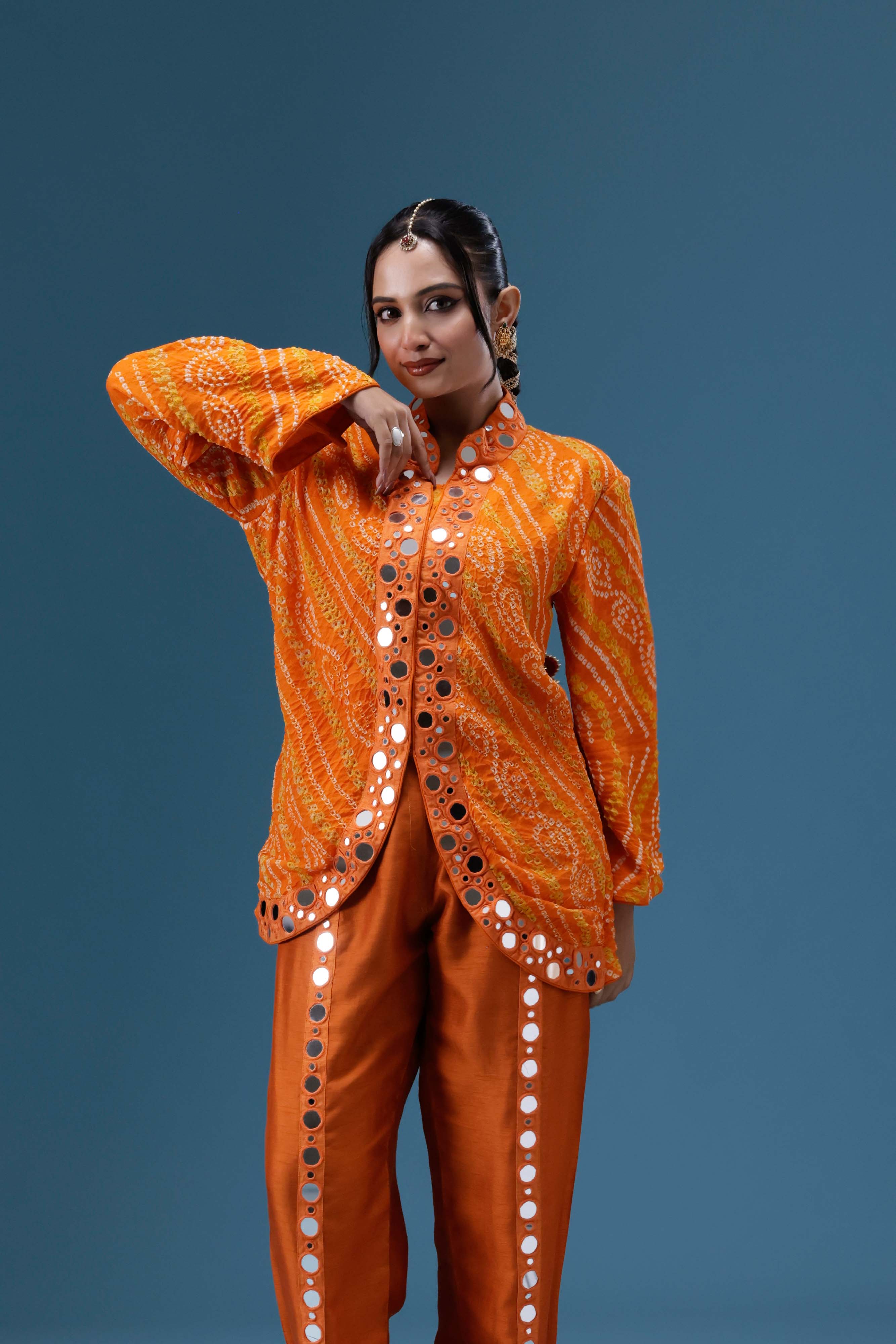 Abeer Orange Bandhani Mirror Work Co-ord Set