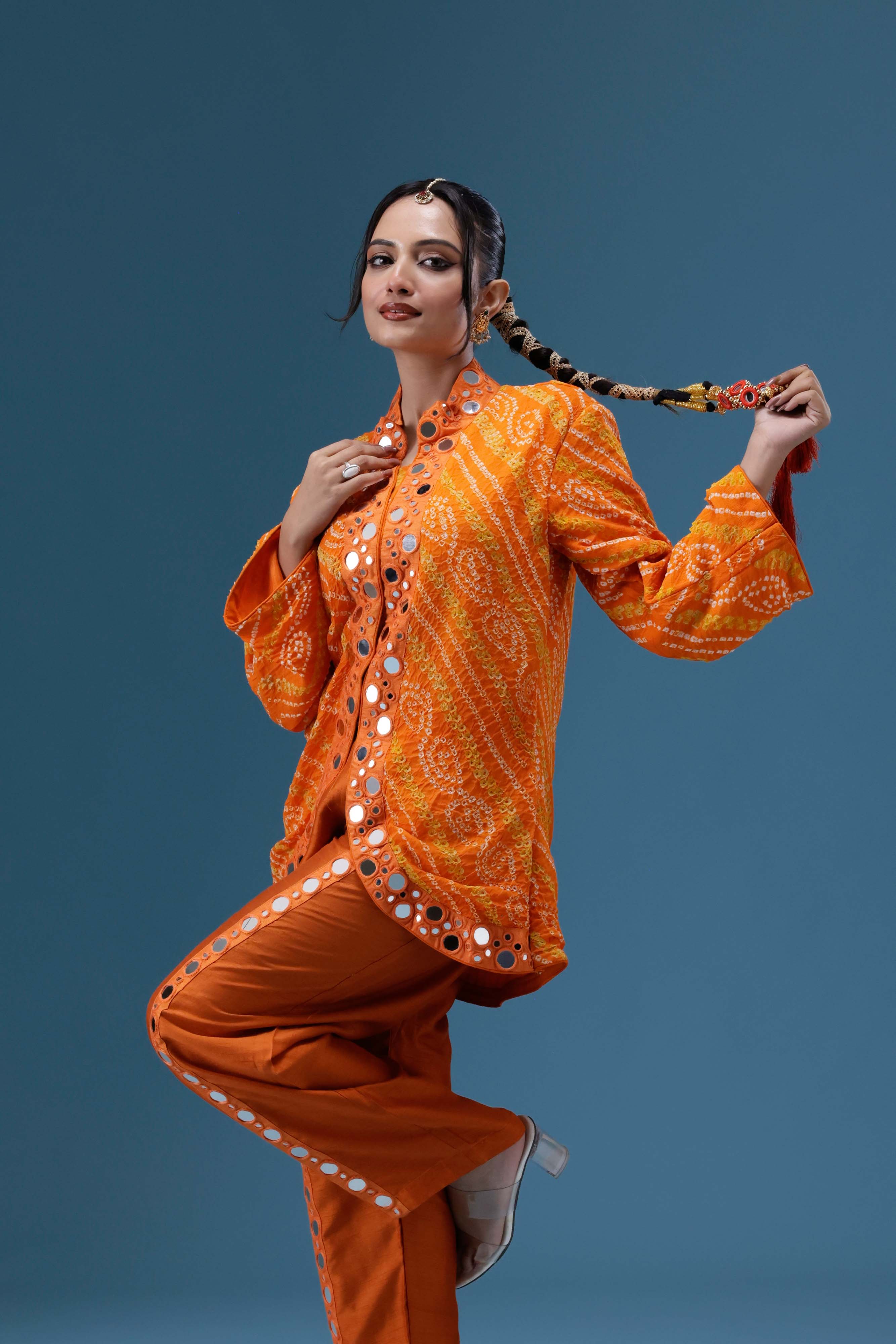 Abeer Orange Bandhani Mirror Work Co-ord Set