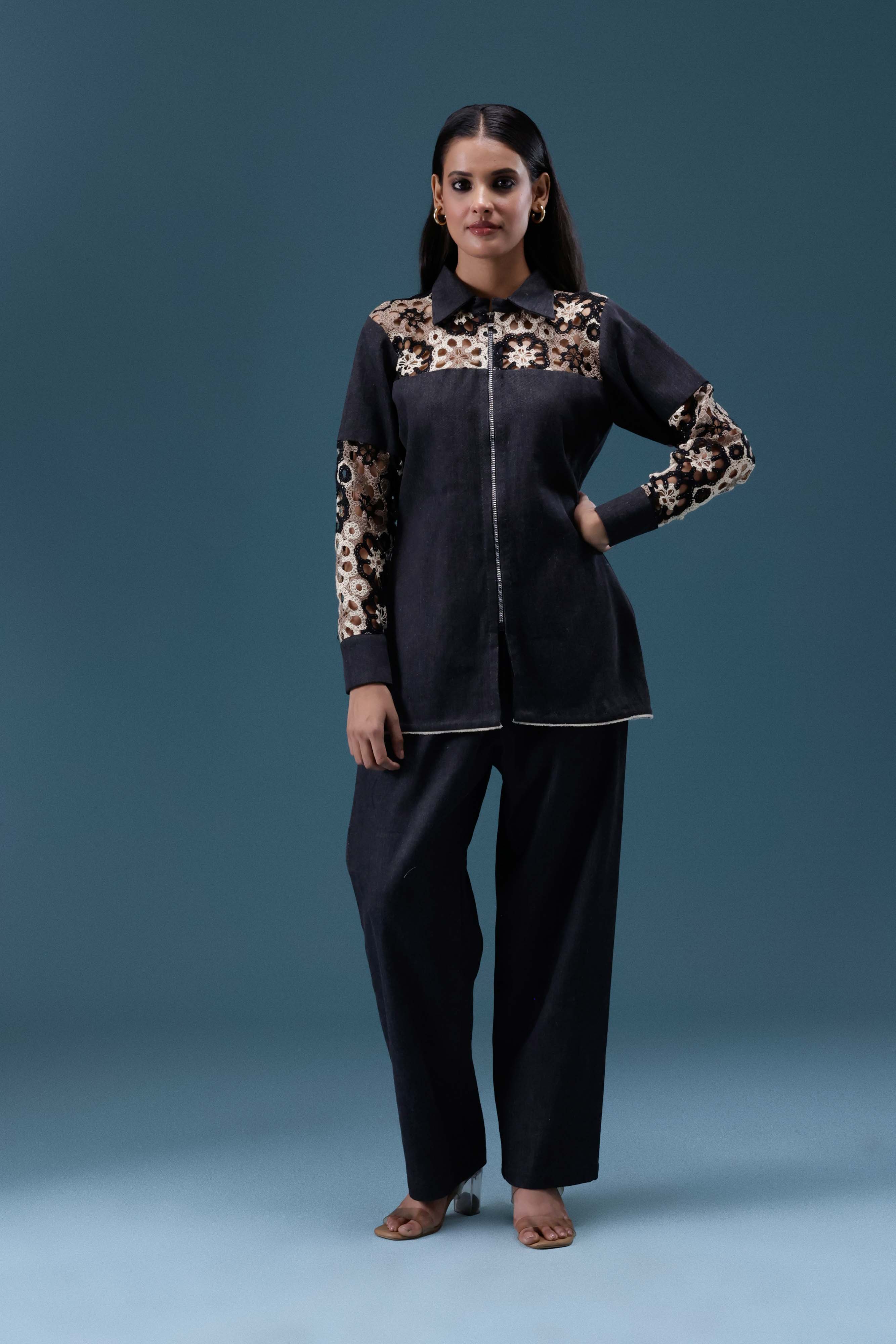 Black Denim Crochet Panel Co-ord Set