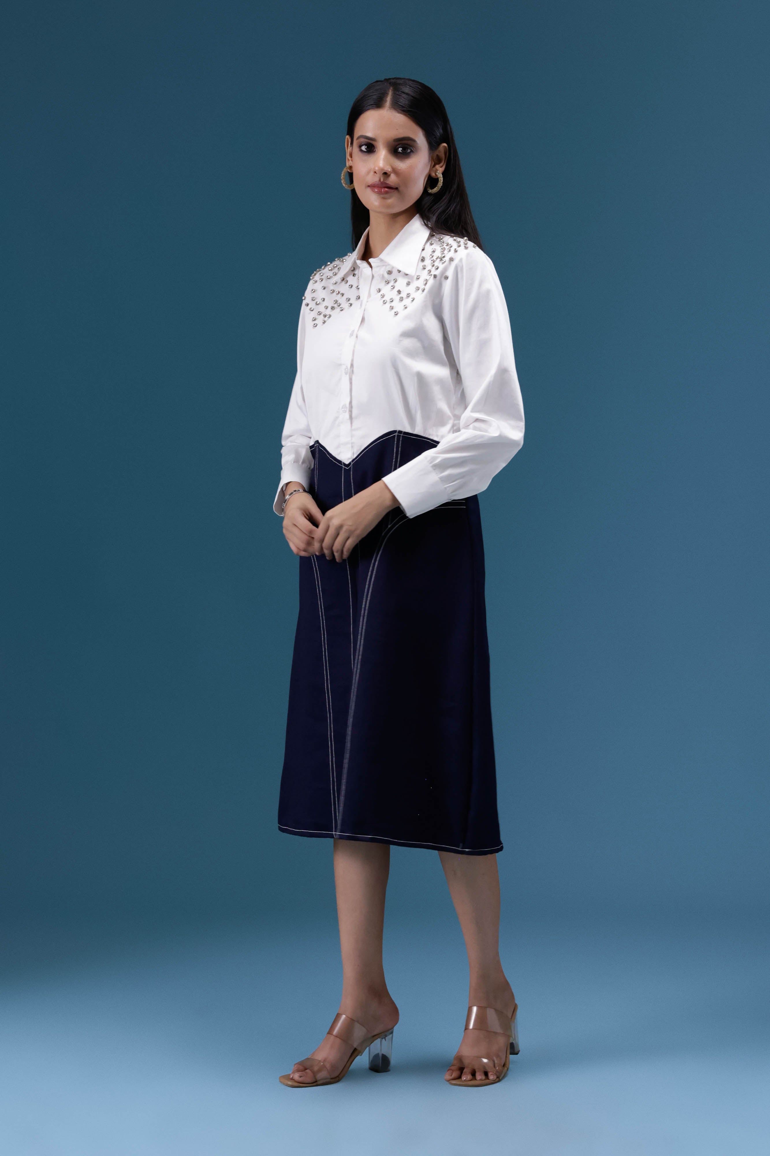 White & Navy Embellished Midi Dress