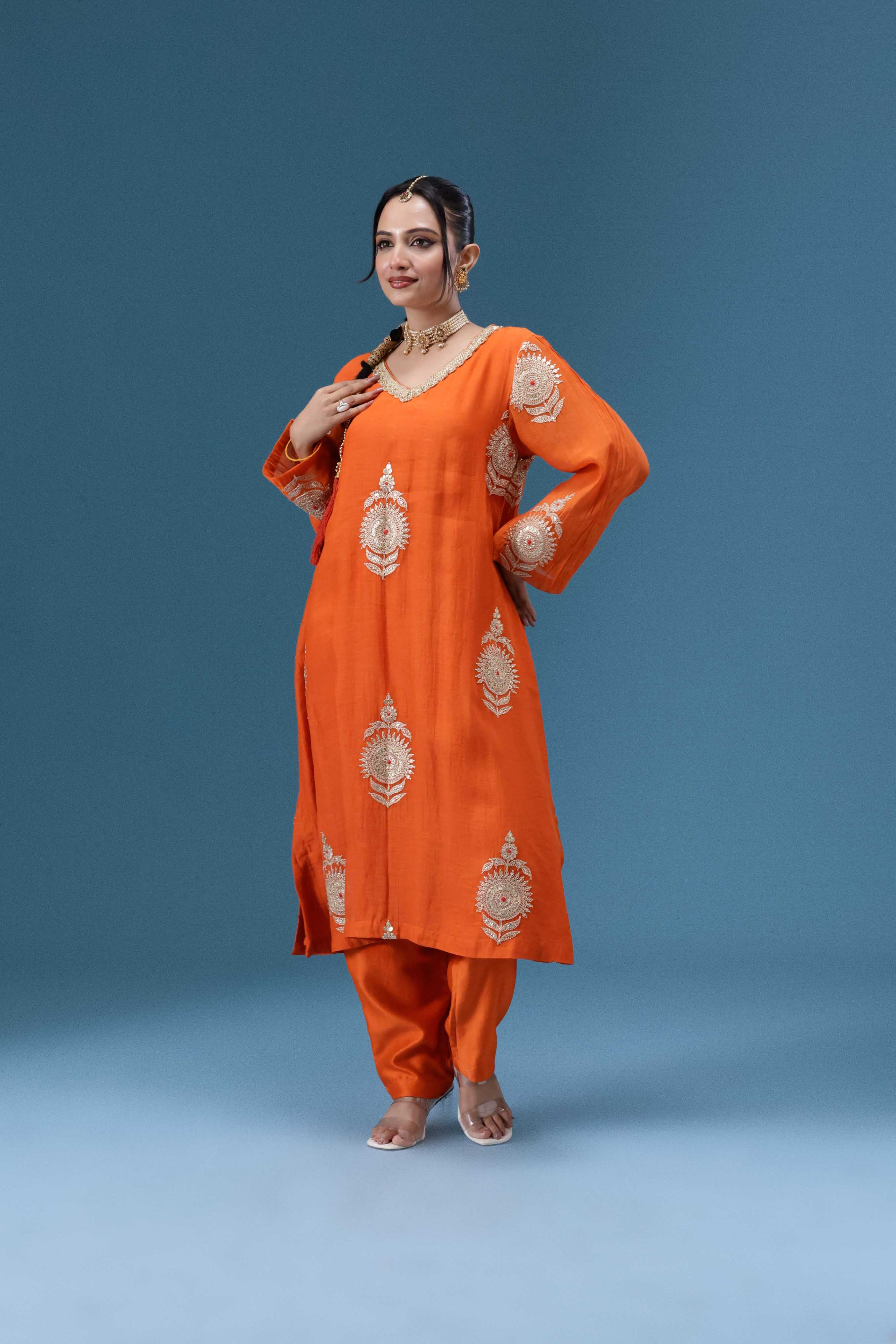Surkh Orange Embroidered Kurta Set