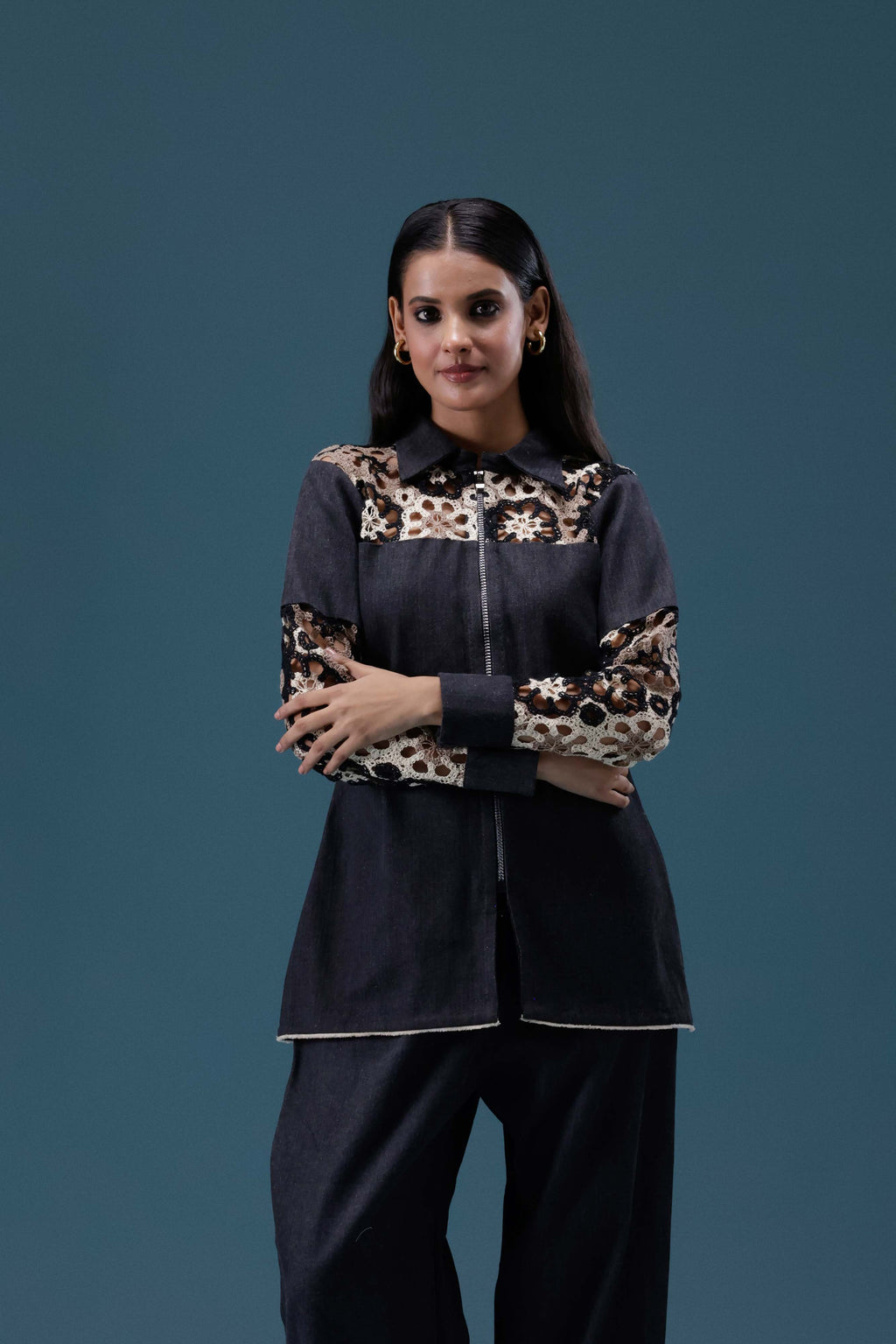 Black Denim Crochet Panel Co-ord Set