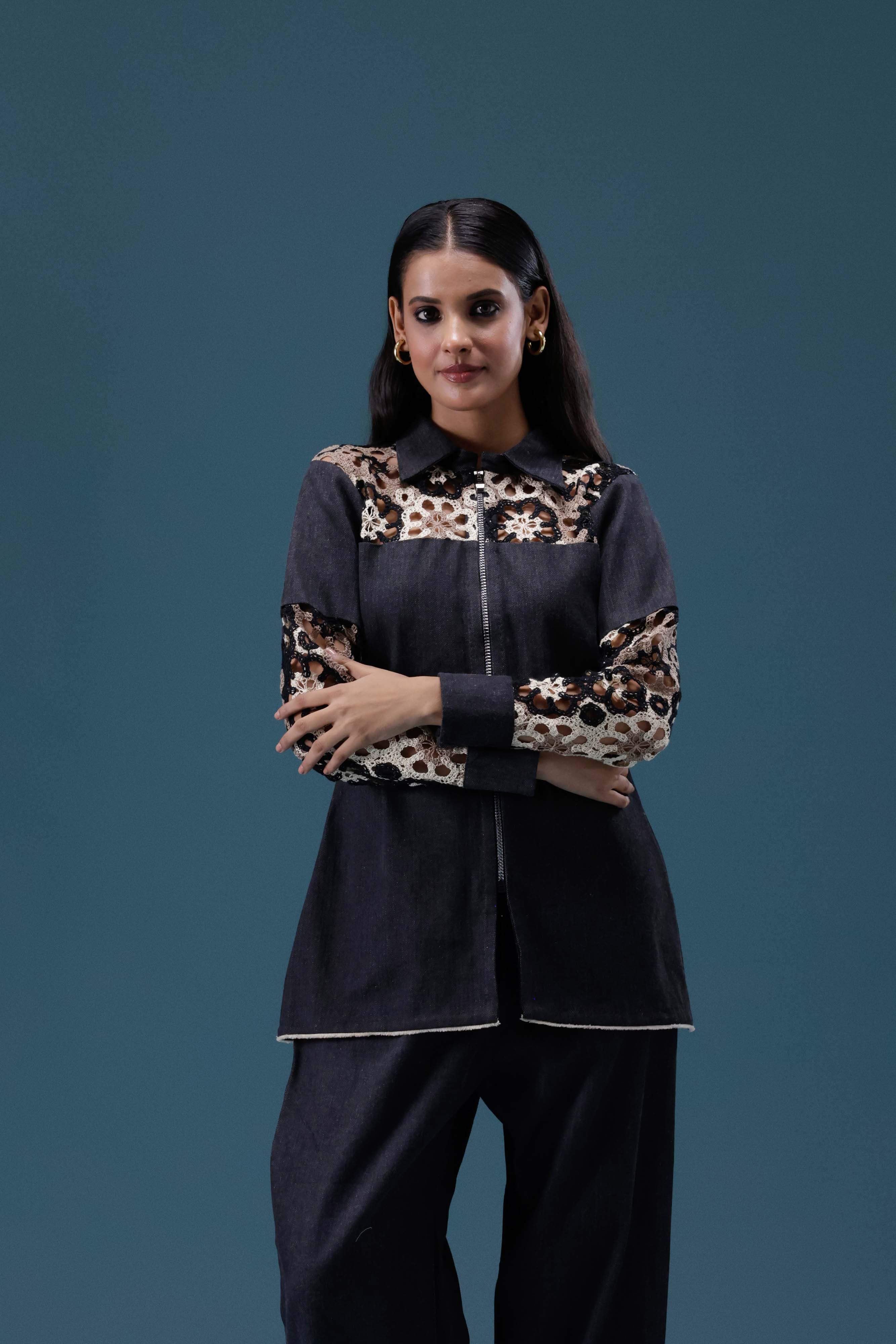 Black Denim Crochet Panel Co-ord Set