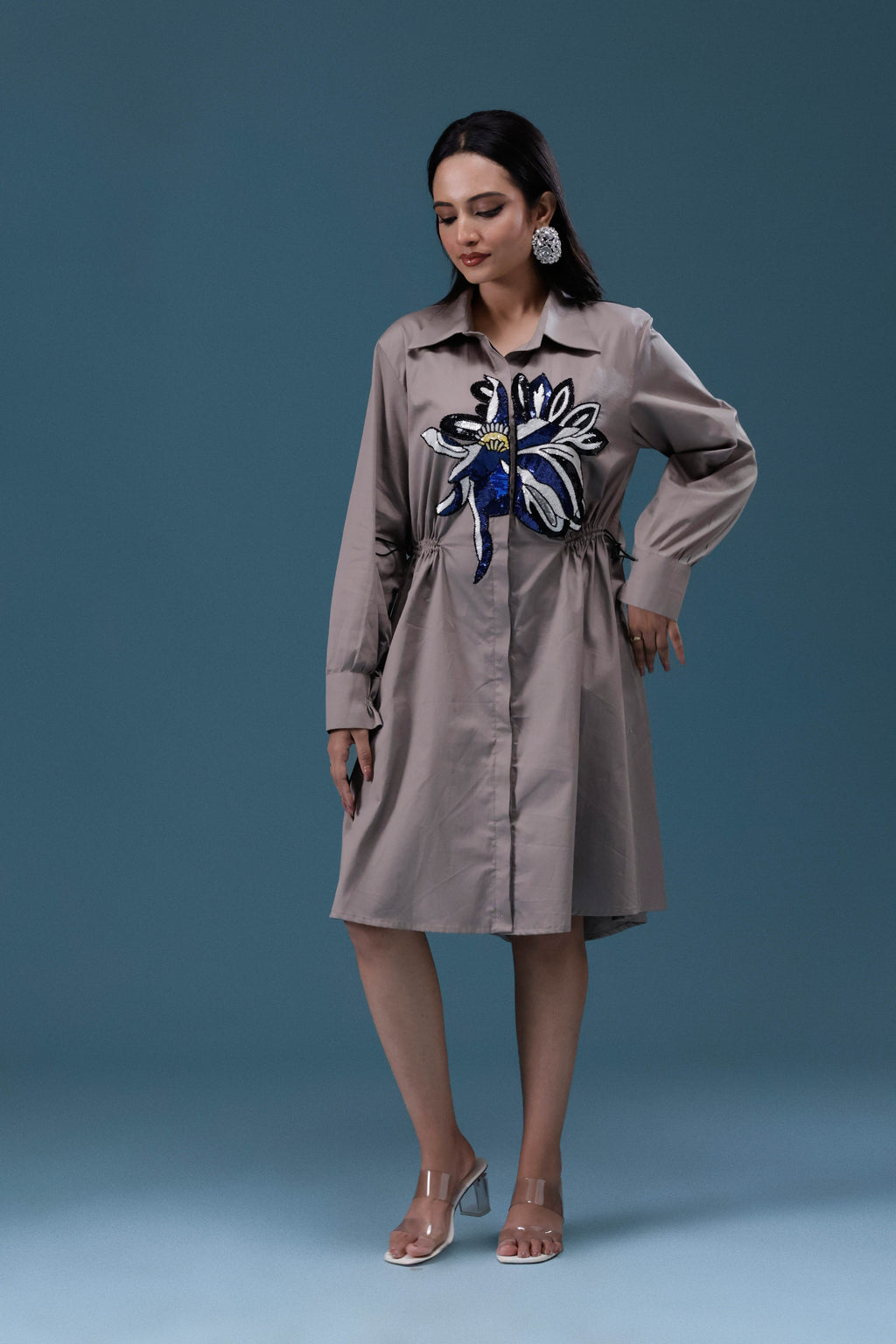 Grey Big Sequin Patch Shirt Dress