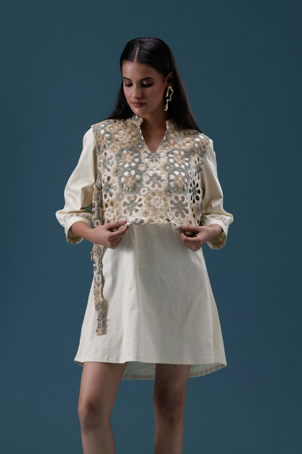 Ivory Crochet Layered Shirt Dress