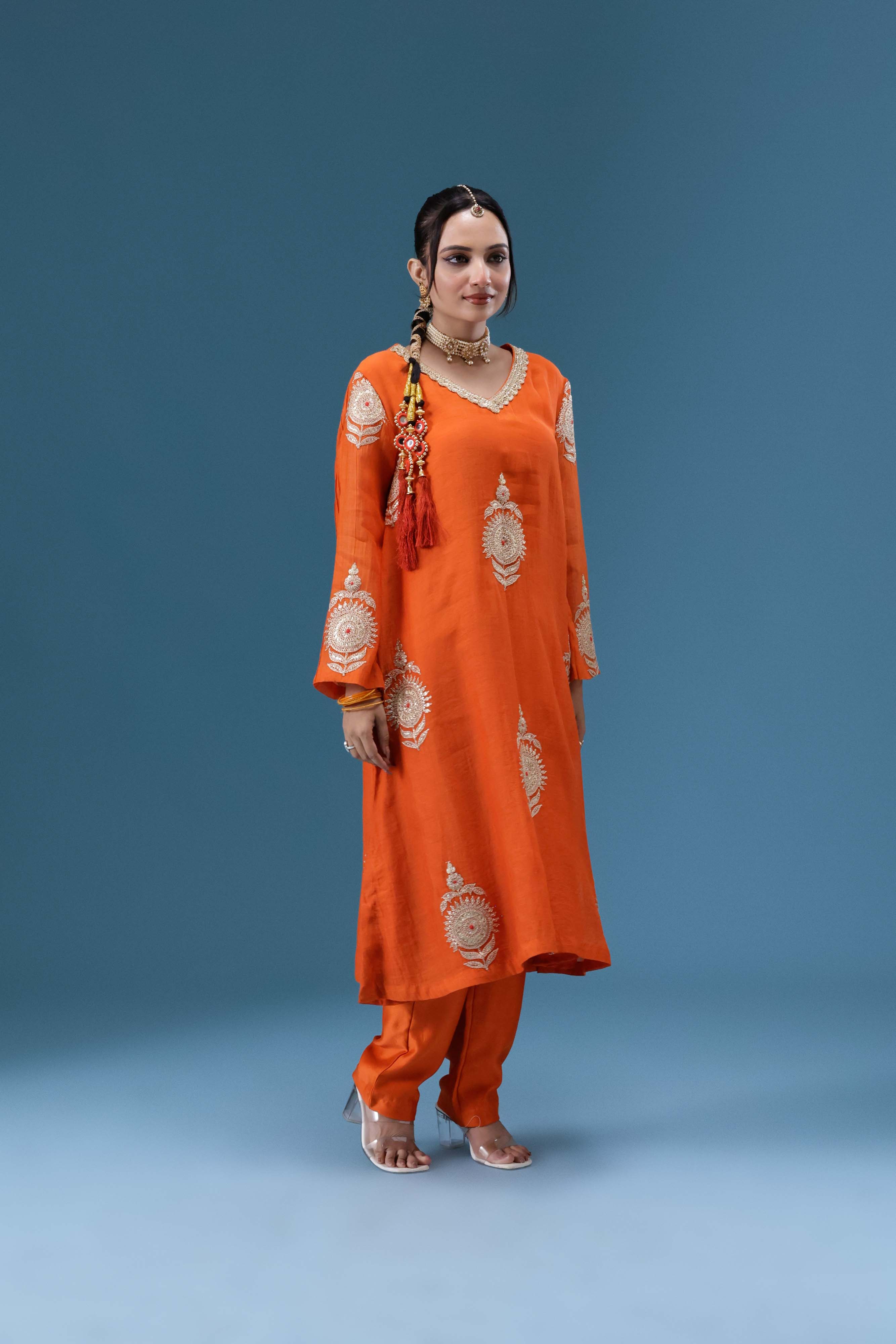 Surkh Orange Embroidered Kurta Set