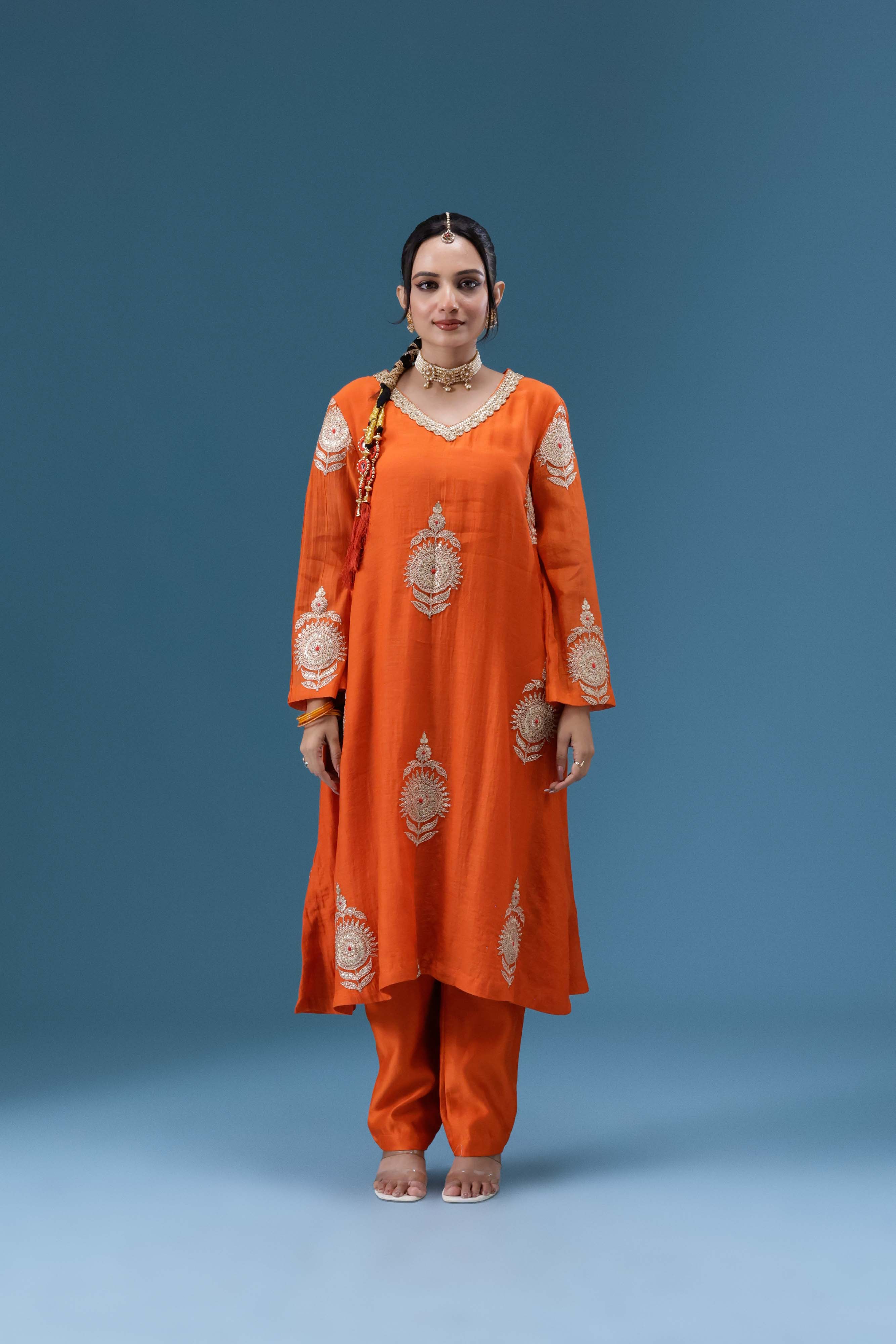 Surkh Orange Embroidered Kurta Set