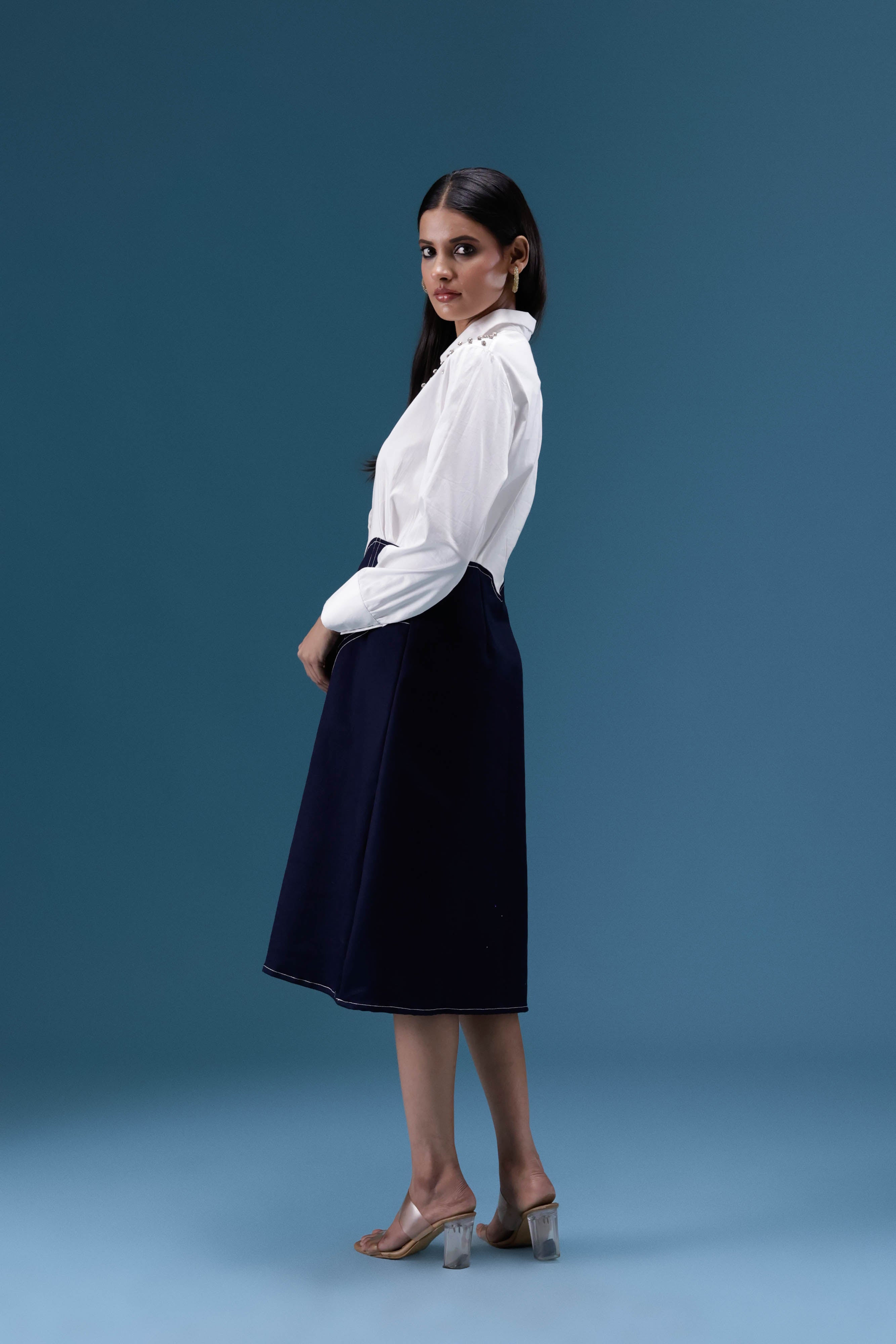 White & Navy Embellished Midi Dress