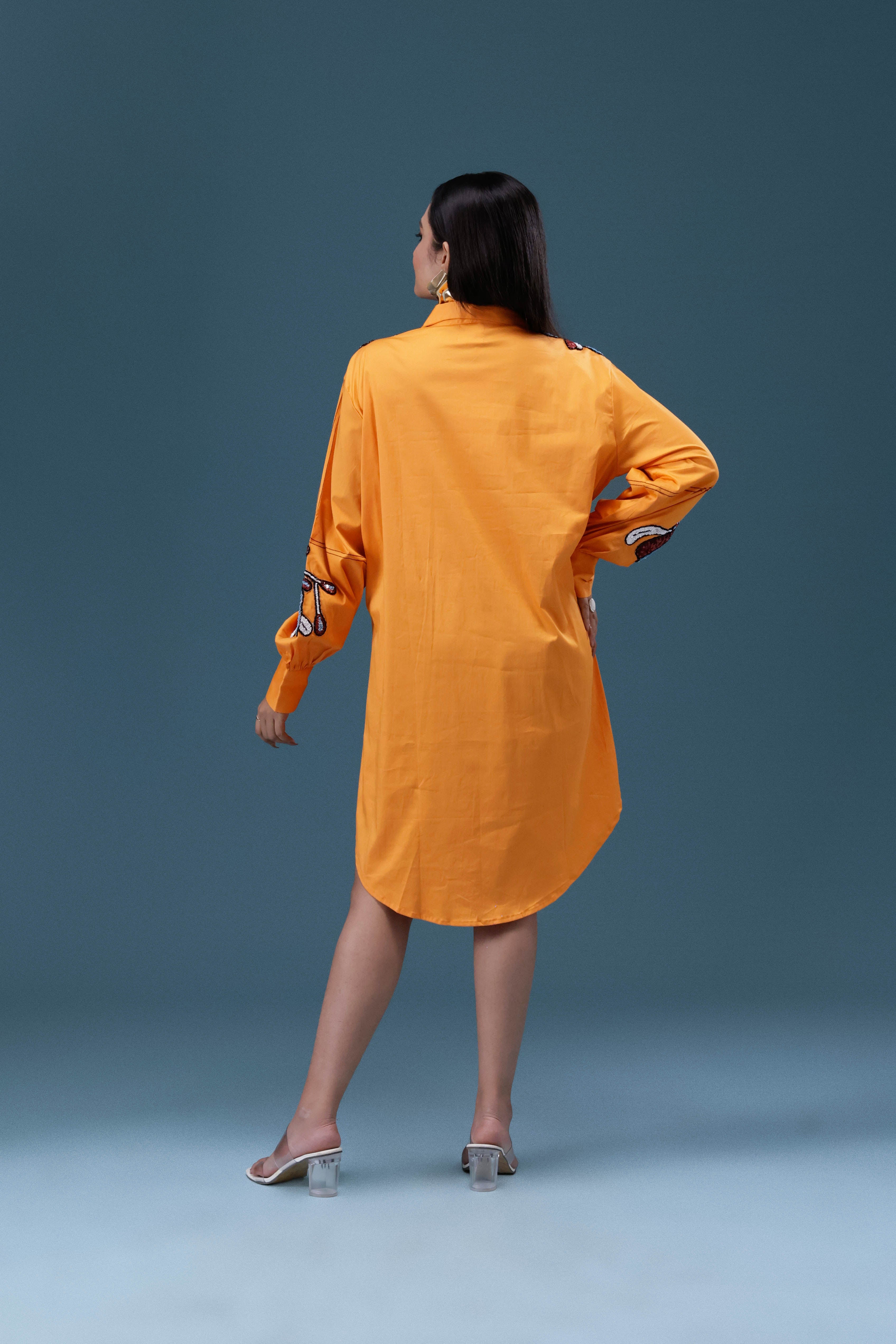 Orange Embroidered Shirt Dress