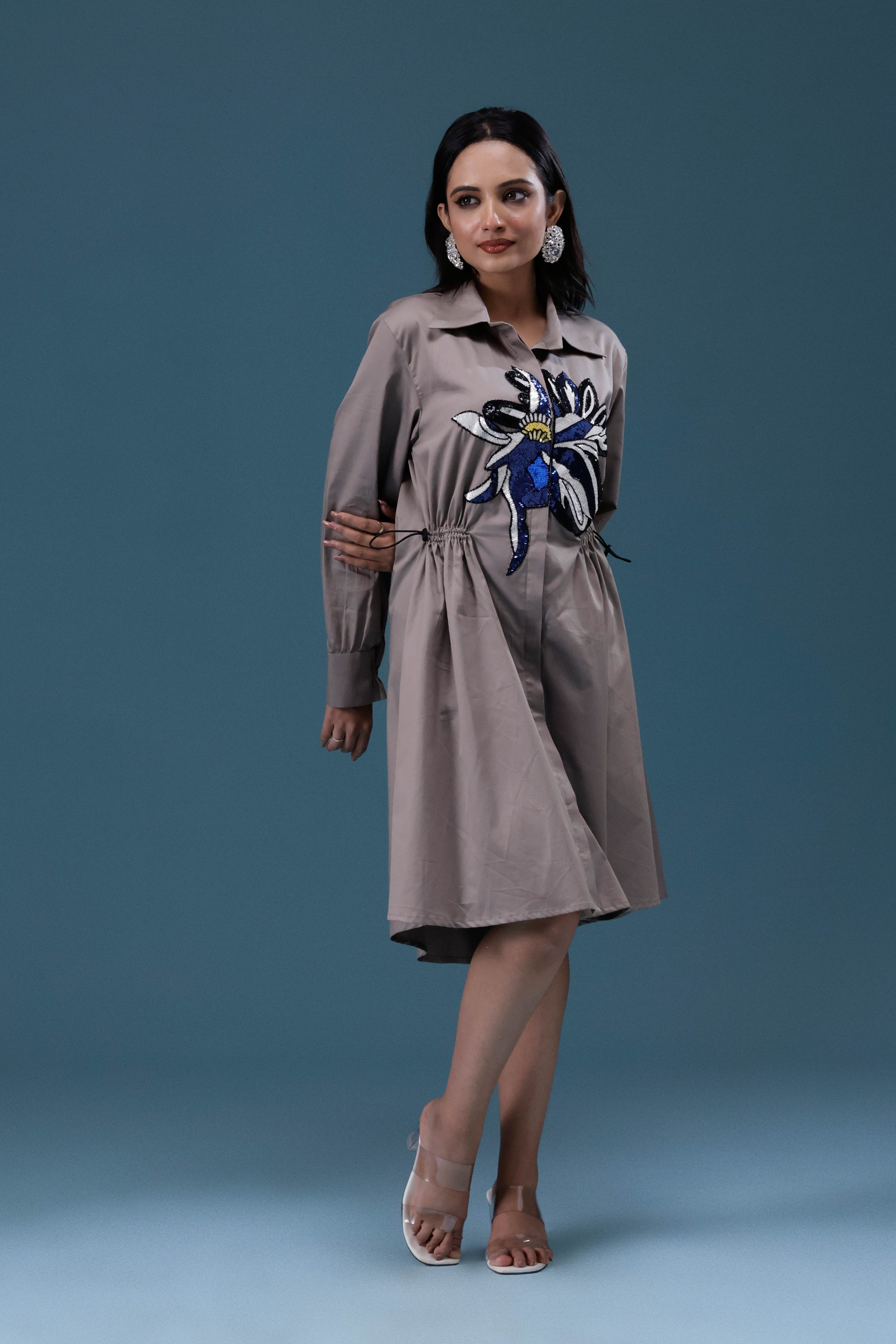 Grey Big Sequin Patch Shirt Dress