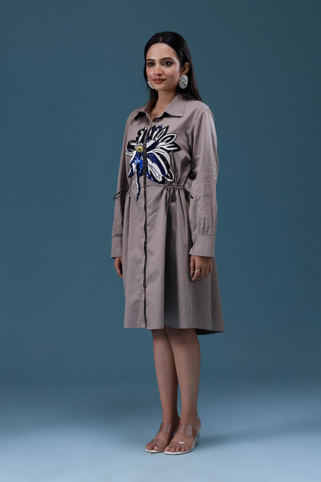 Grey Big Sequin Patch Shirt Dress