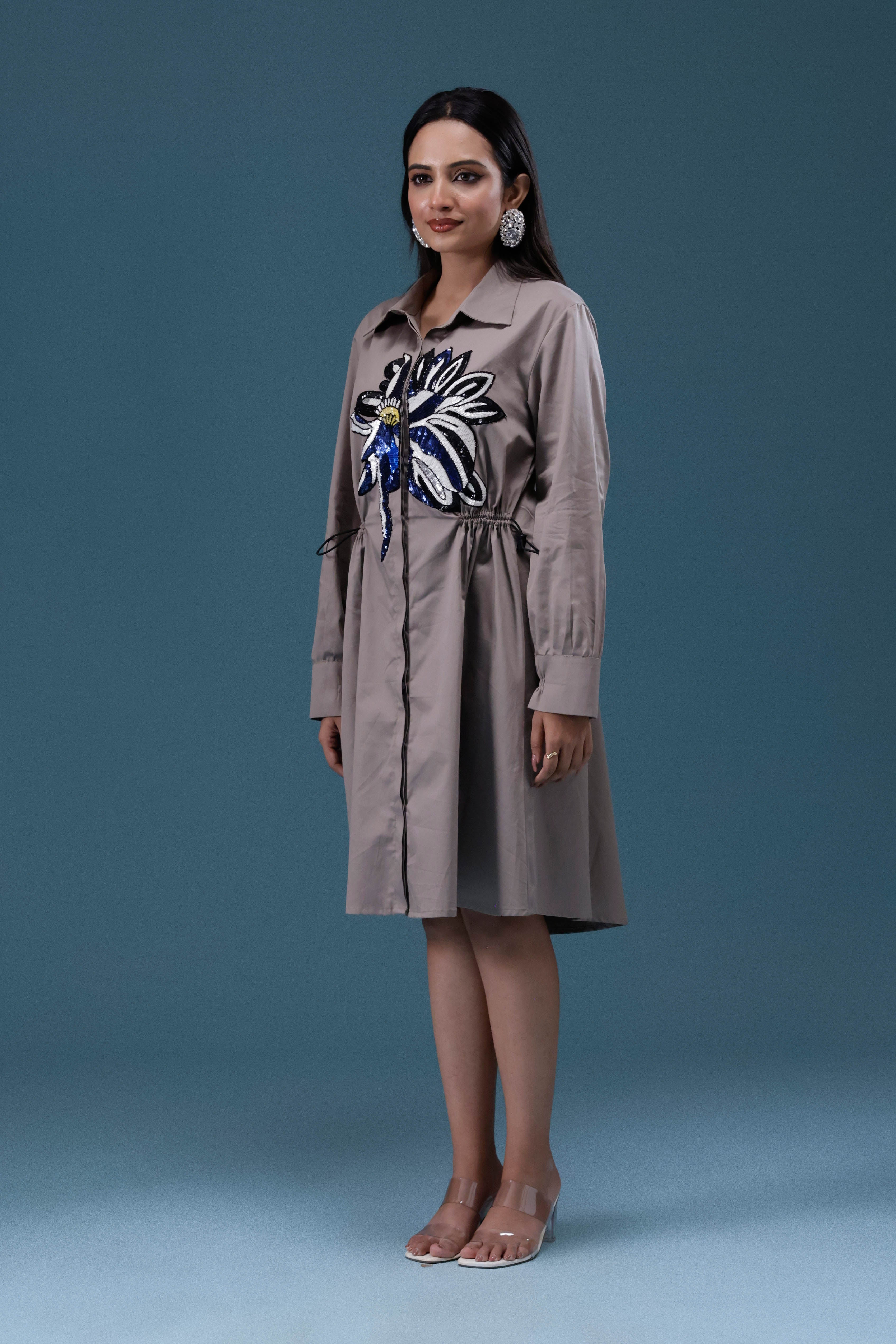 Grey Big Sequin Patch Shirt Dress