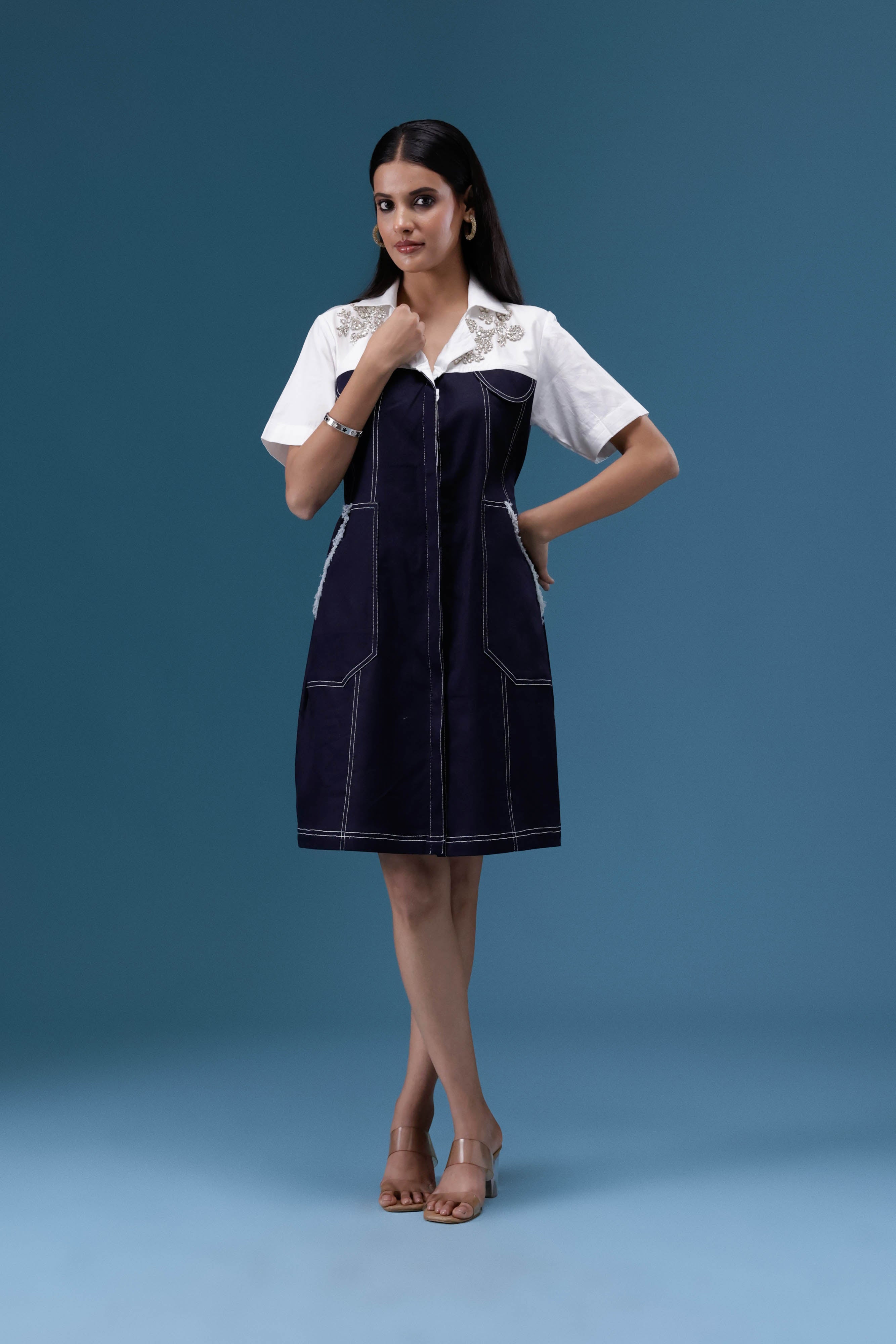 Elara Navy Shirt Dress
