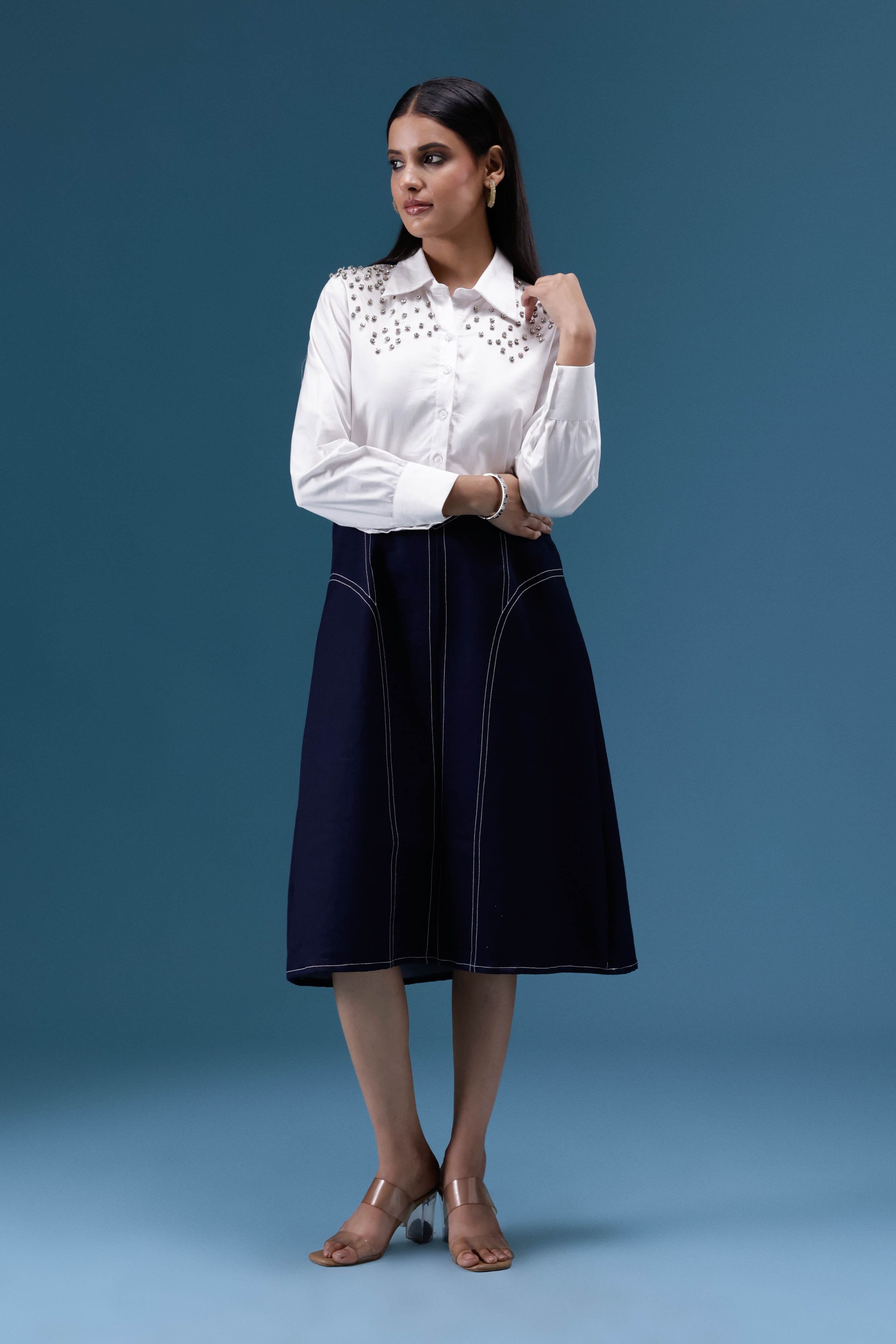 White & Navy Embellished Midi Dress