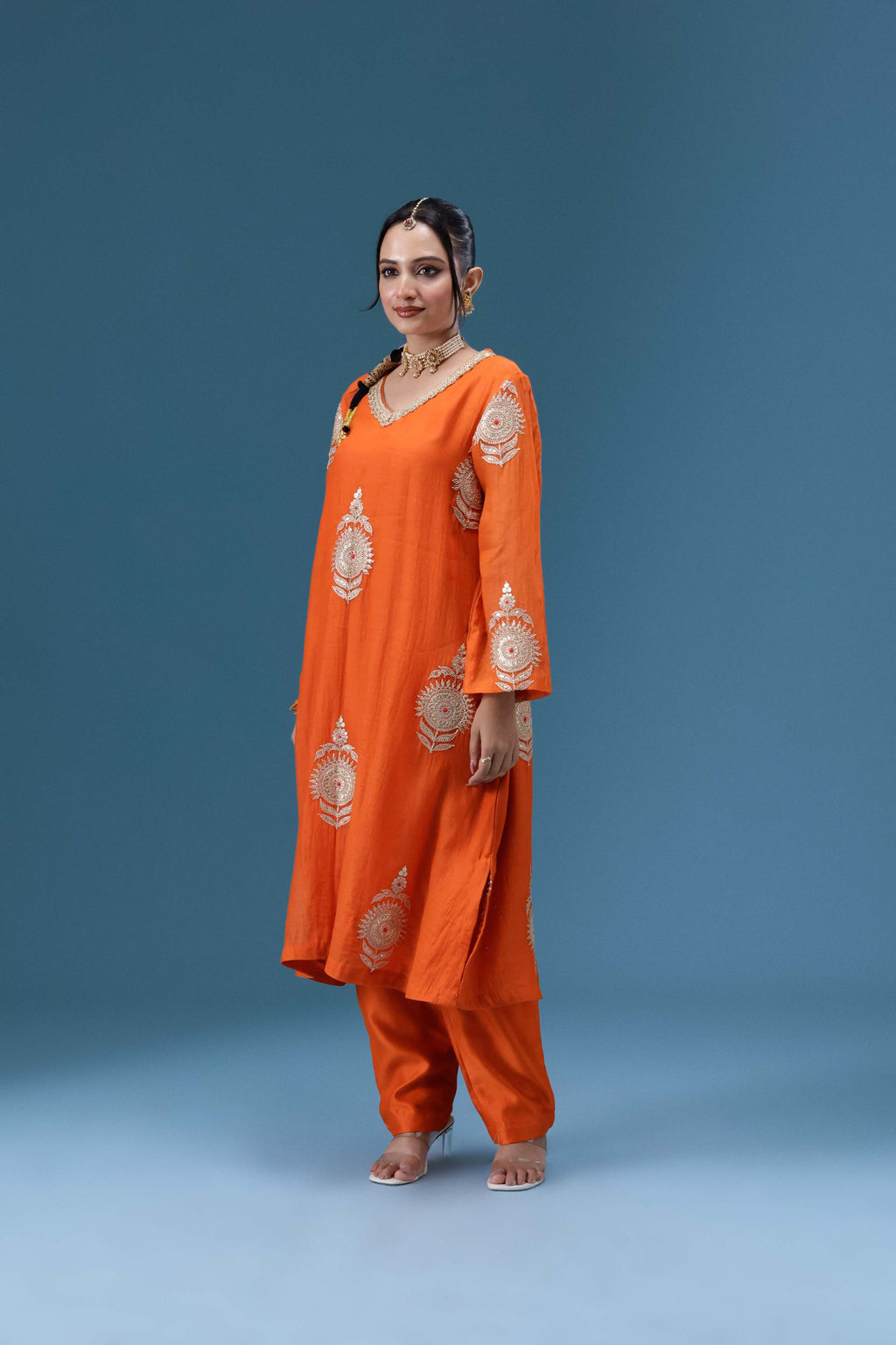 Surkh Orange Embroidered Kurta Set